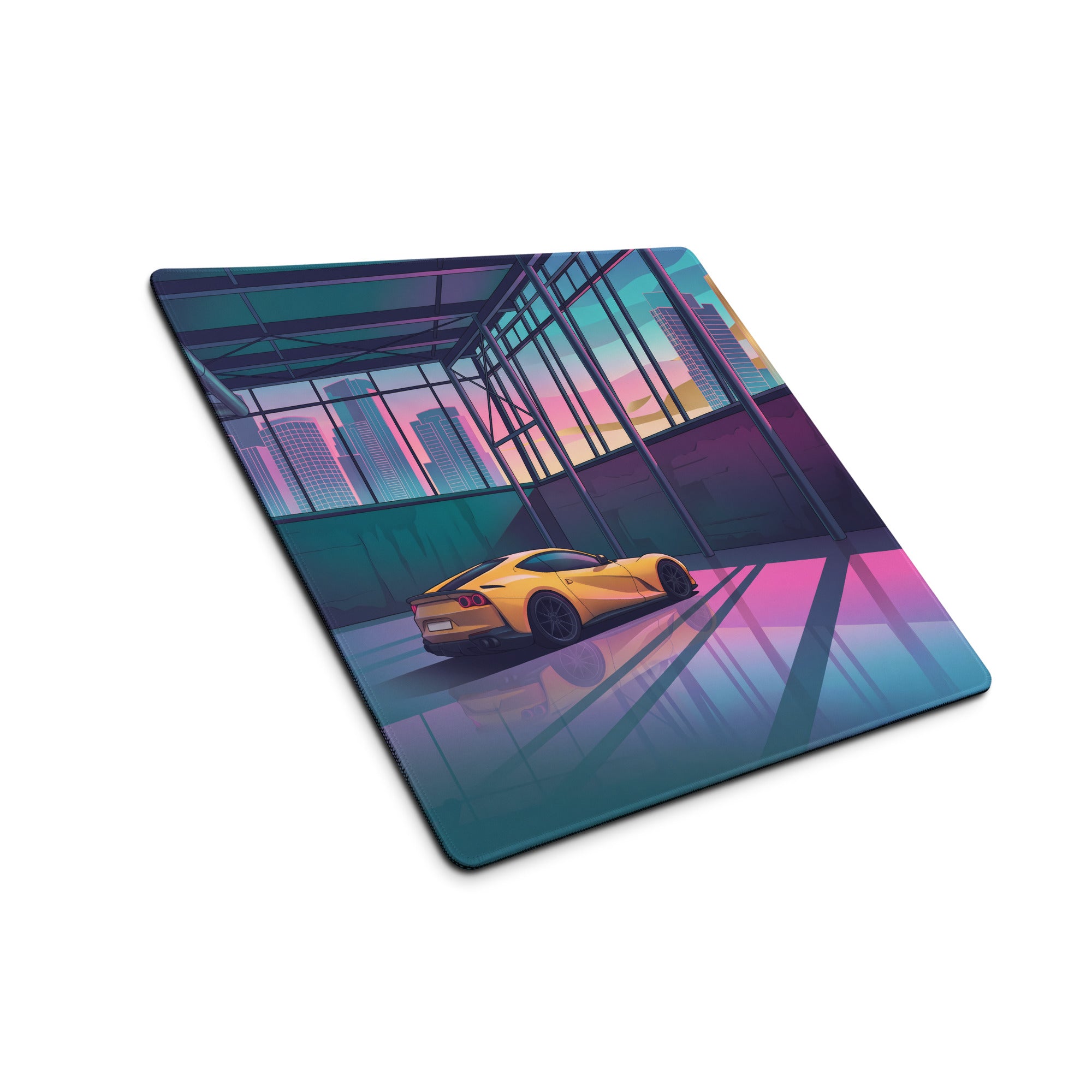 Ferrari 812 Superfast Inspired Yellow Pink Vaporwave Gaming Mouse Pad – Neon City Garage Desk Mat, Retro Futuristic Supercar Digital Artwork