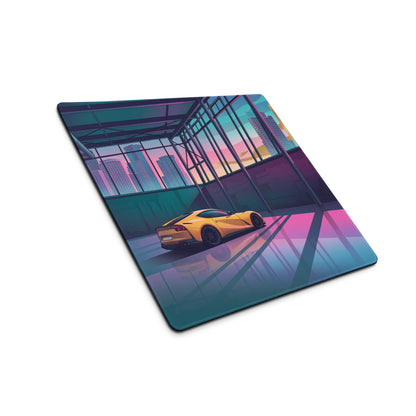 Ferrari 812 Superfast Inspired Yellow Pink Vaporwave Gaming Mouse Pad – Neon City Garage Desk Mat, Retro Futuristic Supercar Digital Artwork