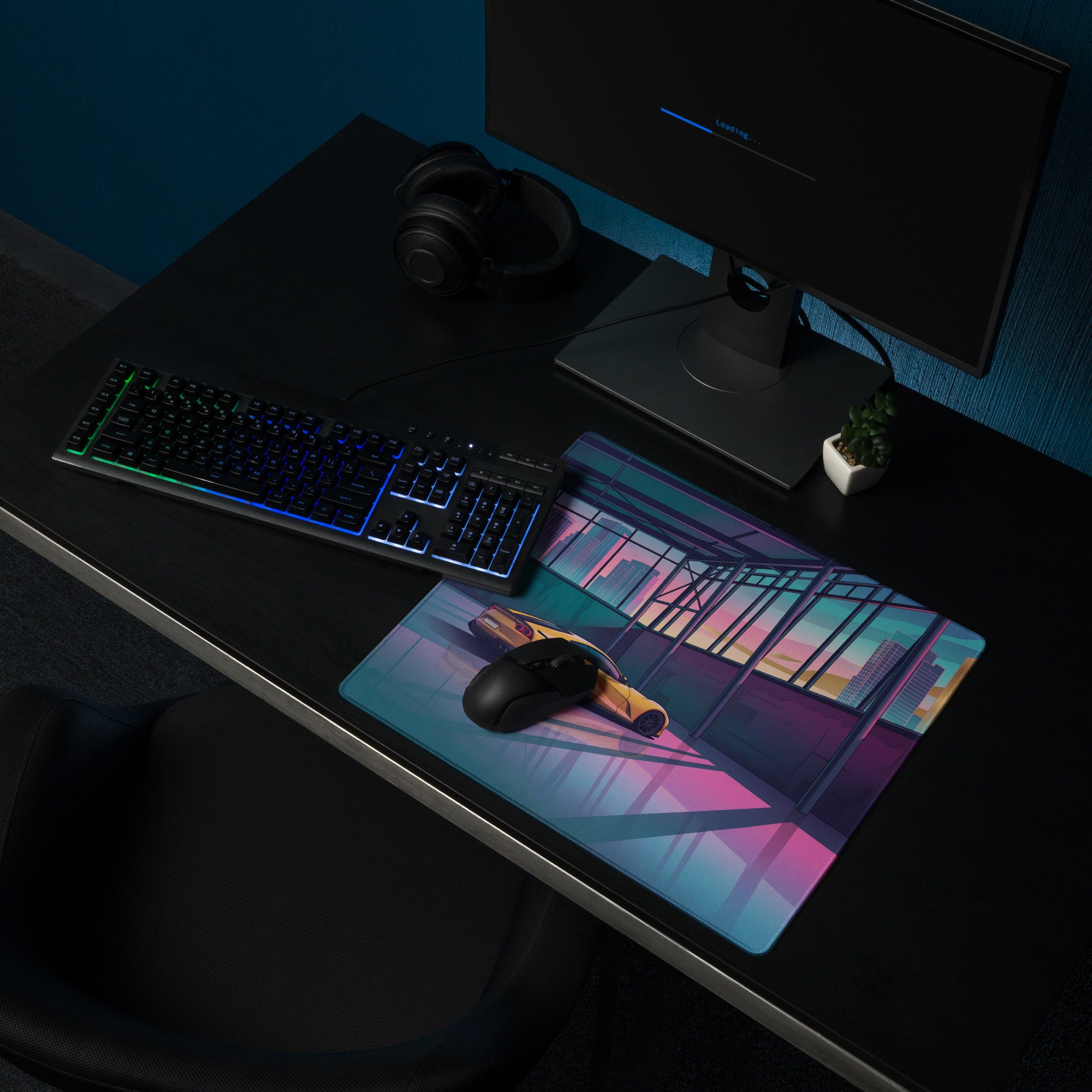 Ferrari 812 Superfast Inspired Yellow Pink Vaporwave Gaming Mouse Pad – Neon City Garage Desk Mat, Retro Futuristic Supercar Digital Artwork
