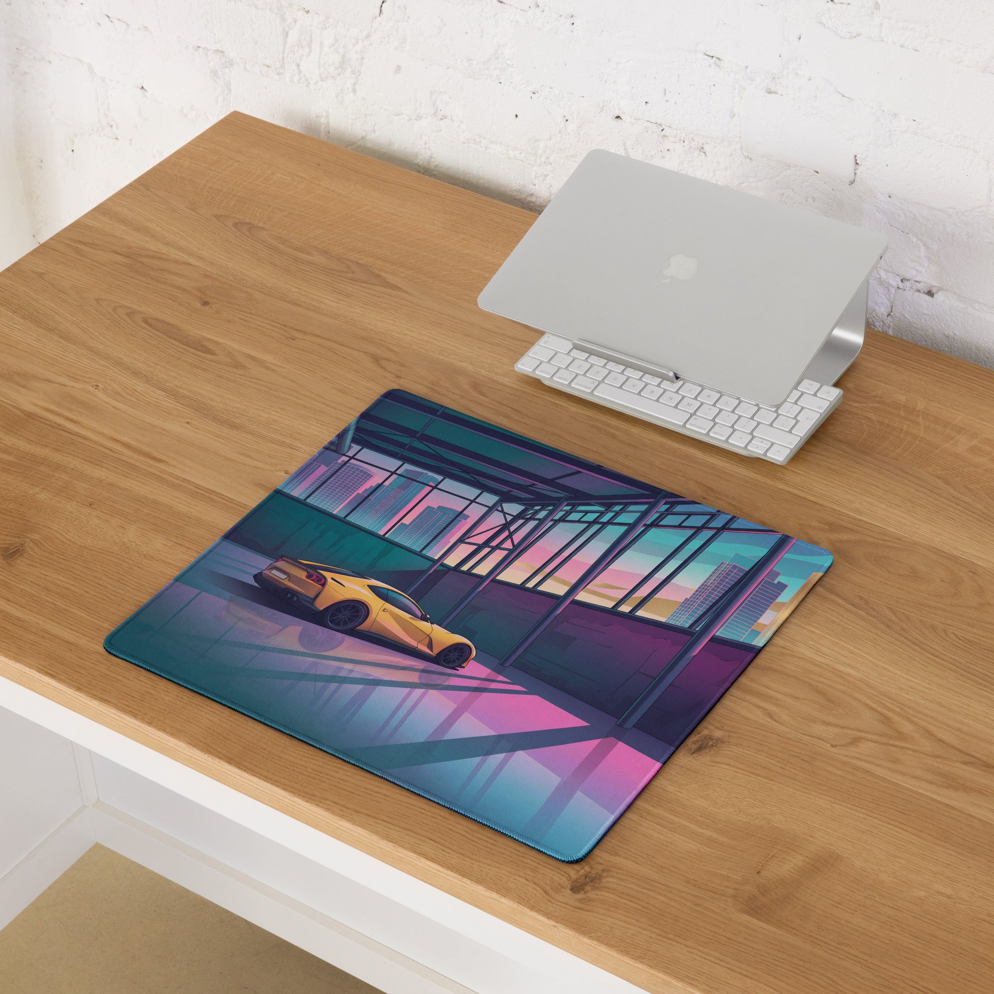 Ferrari 812 Superfast Inspired Yellow Pink Vaporwave Gaming Mouse Pad – Neon City Garage Desk Mat, Retro Futuristic Supercar Digital Artwork