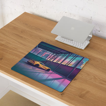Ferrari 812 Superfast Inspired Yellow Pink Vaporwave Gaming Mouse Pad – Neon City Garage Desk Mat, Retro Futuristic Supercar Digital Artwork