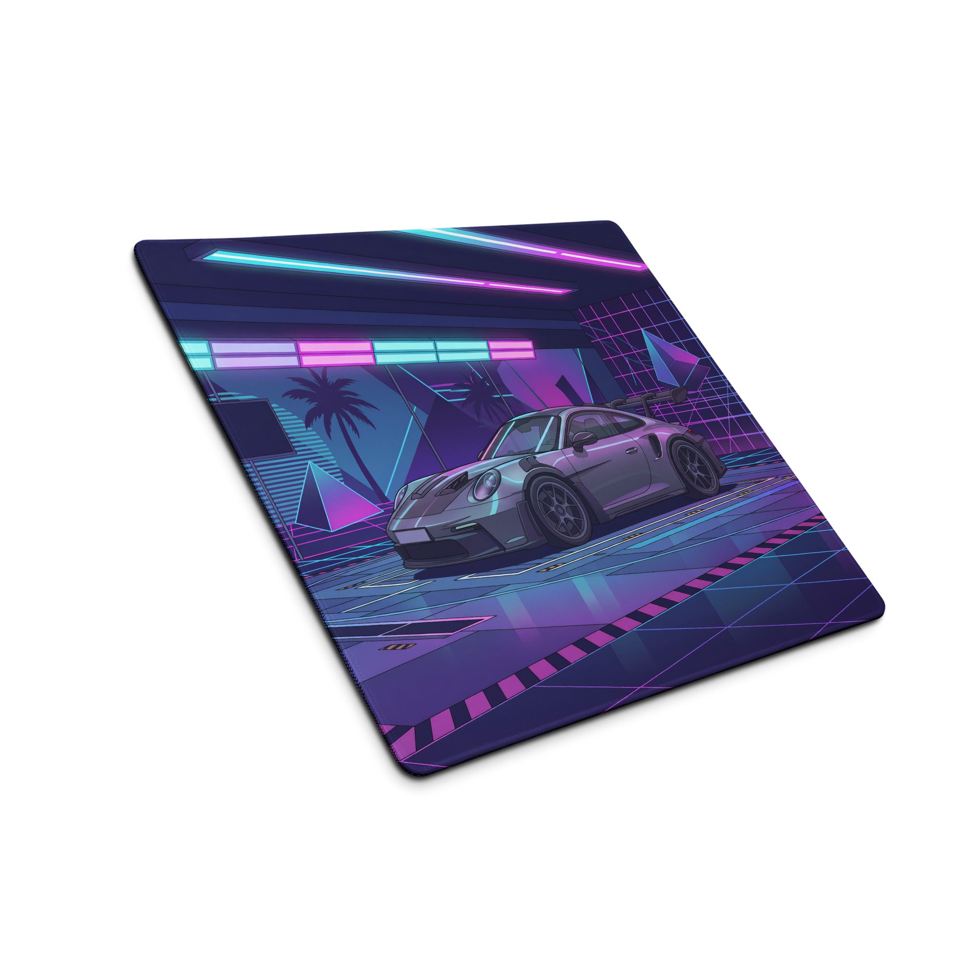 Porsche 911 GT3 RS Inspired Silver Purple Vaporwave Gaming Mouse Pad – Neon Cyber Garage Desk Mat, Retro Futuristic Supercar Digital Artwork