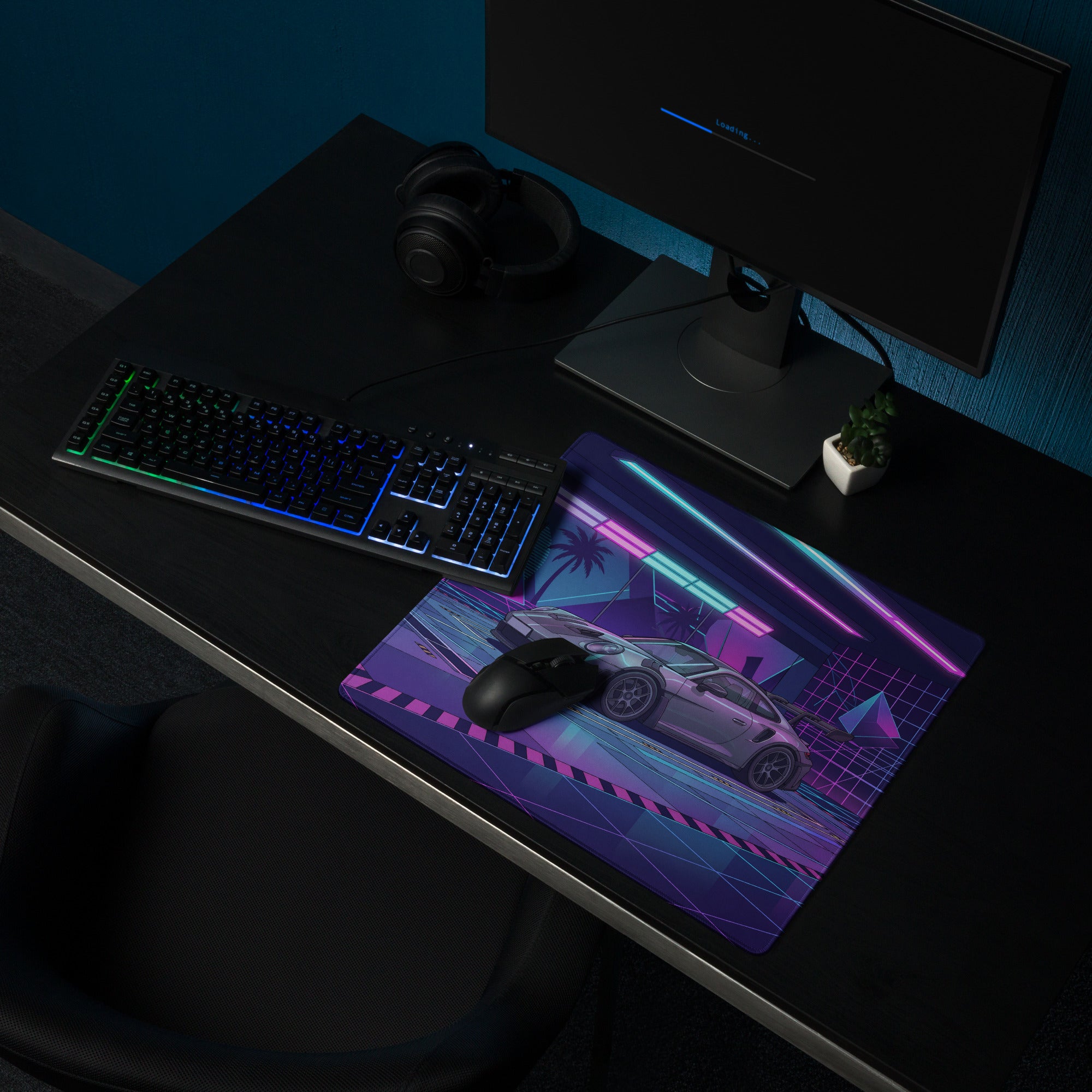 Porsche 911 GT3 RS Inspired Silver Purple Vaporwave Gaming Mouse Pad – Neon Cyber Garage Desk Mat, Retro Futuristic Supercar Digital Artwork