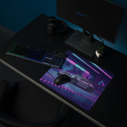 Porsche 911 GT3 RS Inspired Silver Purple Vaporwave Gaming Mouse Pad – Neon Cyber Garage Desk Mat, Retro Futuristic Supercar Digital Artwork