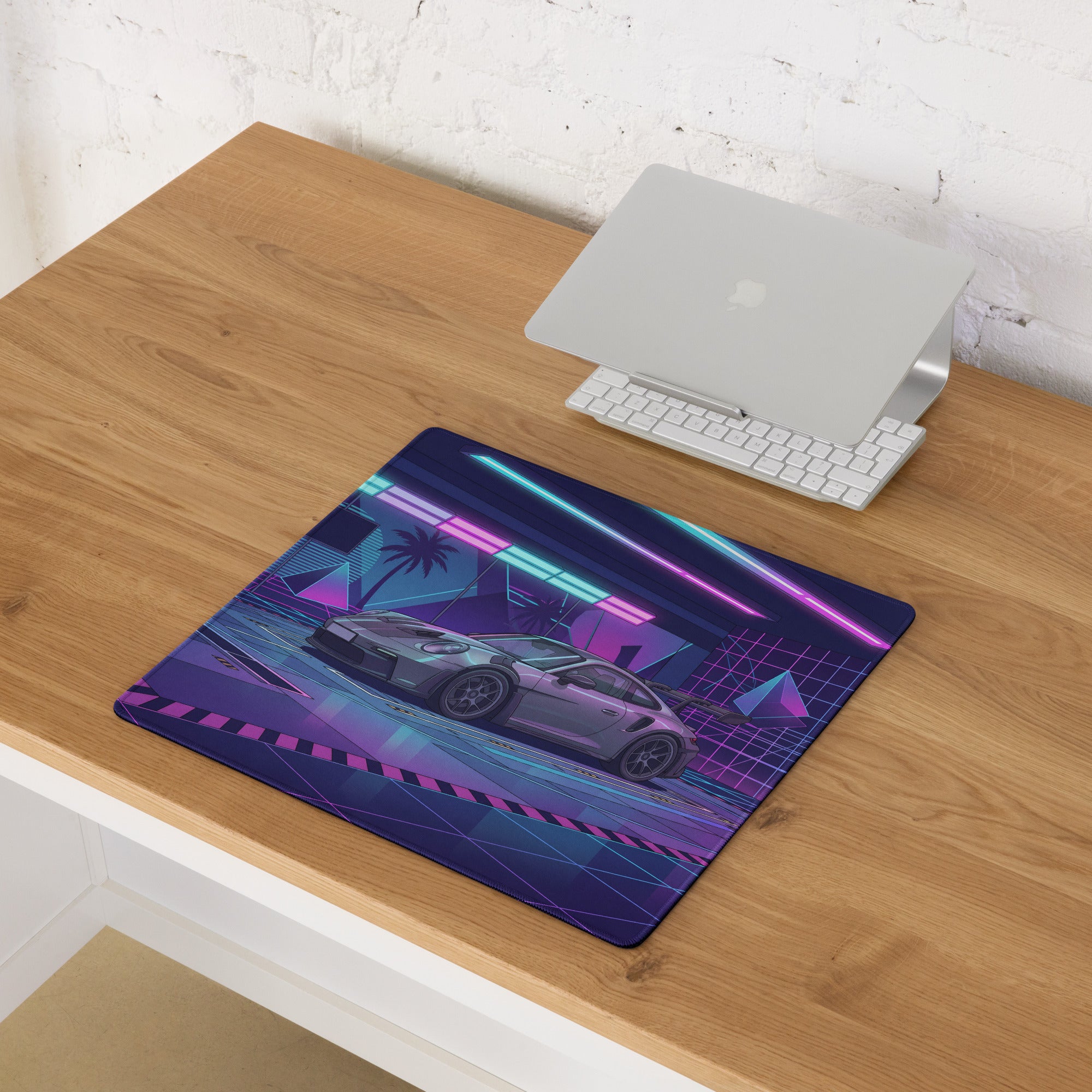 Porsche 911 GT3 RS Inspired Silver Purple Vaporwave Gaming Mouse Pad – Neon Cyber Garage Desk Mat, Retro Futuristic Supercar Digital Artwork