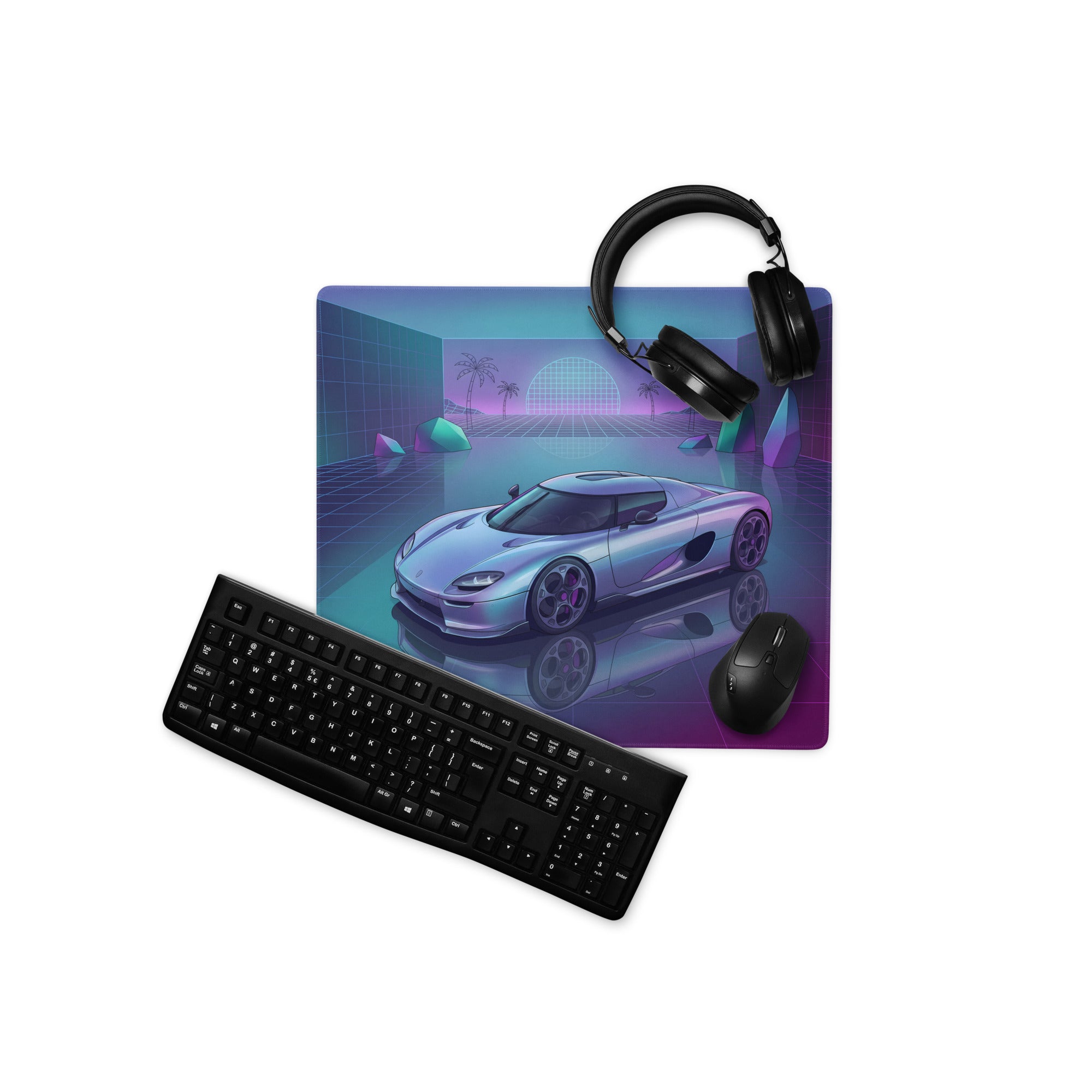 Koenigsegg CCX Inspired Silver Cyan Vaporwave Gaming Mouse Pad – Neon Reflective Grid Desk Mat, Retro Futuristic Hypercar Digital Artwork