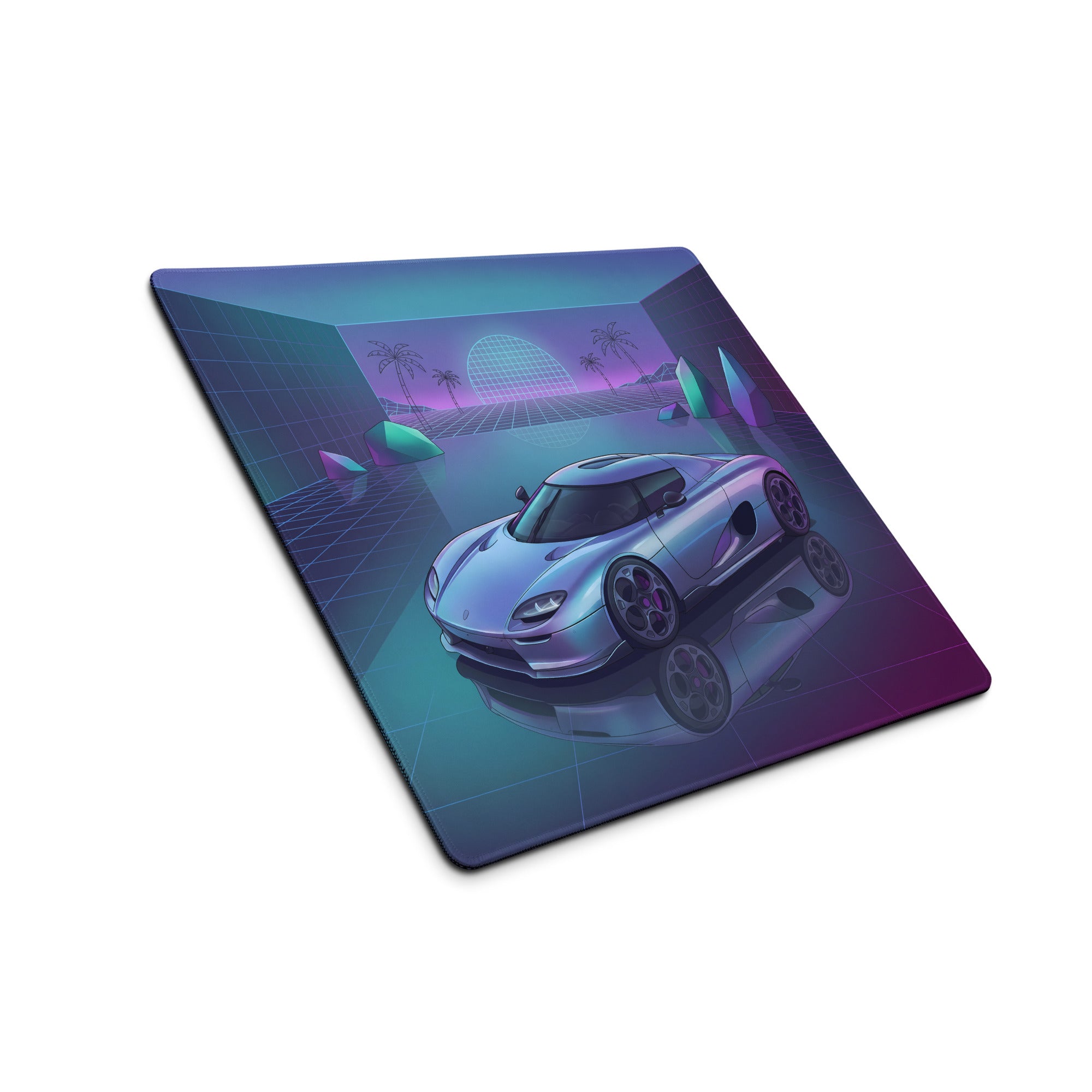 Koenigsegg CCX Inspired Silver Cyan Vaporwave Gaming Mouse Pad – Neon Reflective Grid Desk Mat, Retro Futuristic Hypercar Digital Artwork
