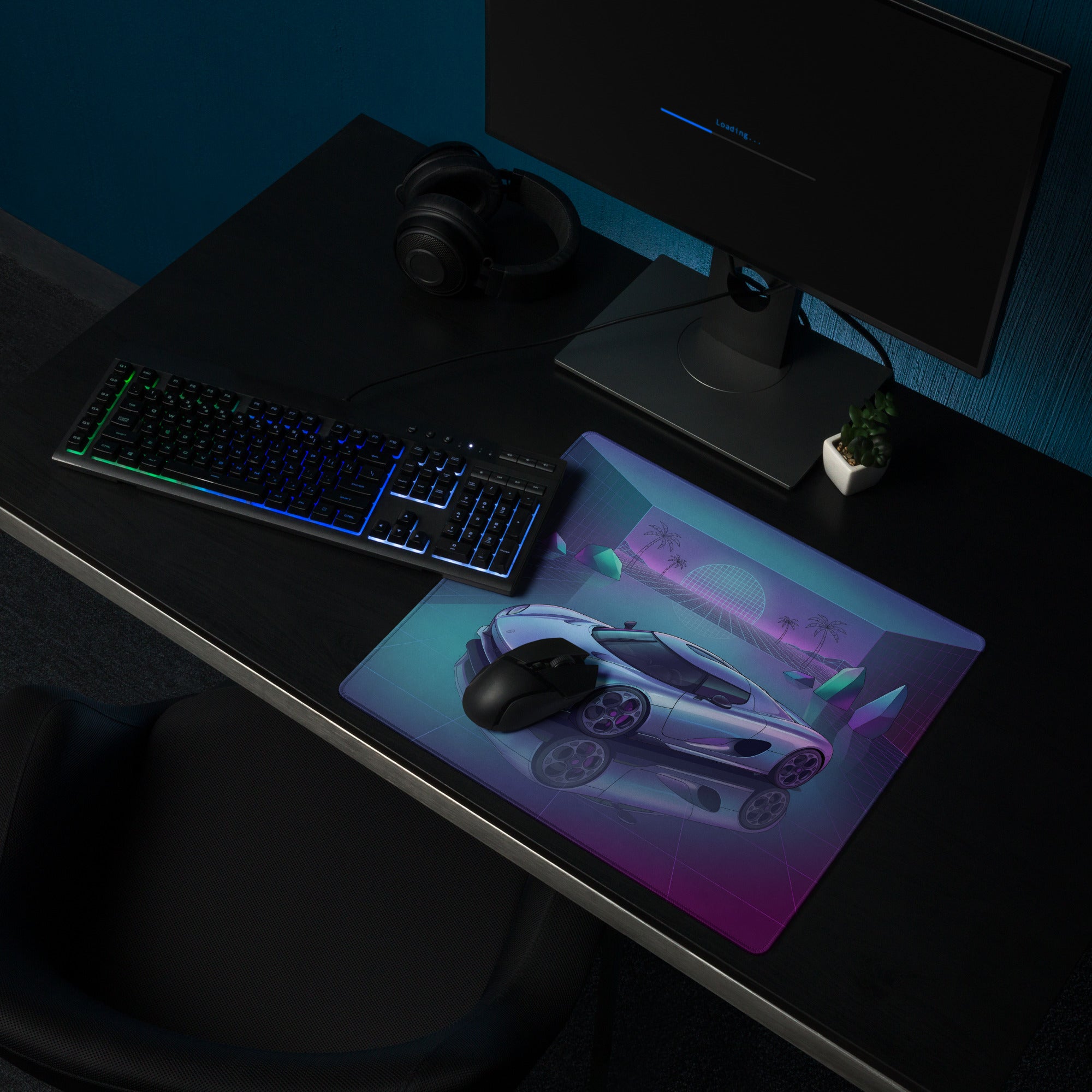Koenigsegg CCX Inspired Silver Cyan Vaporwave Gaming Mouse Pad – Neon Reflective Grid Desk Mat, Retro Futuristic Hypercar Digital Artwork