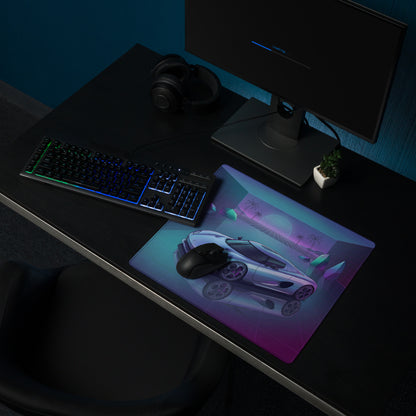 Koenigsegg CCX Inspired Silver Cyan Vaporwave Gaming Mouse Pad – Neon Reflective Grid Desk Mat, Retro Futuristic Hypercar Digital Artwork