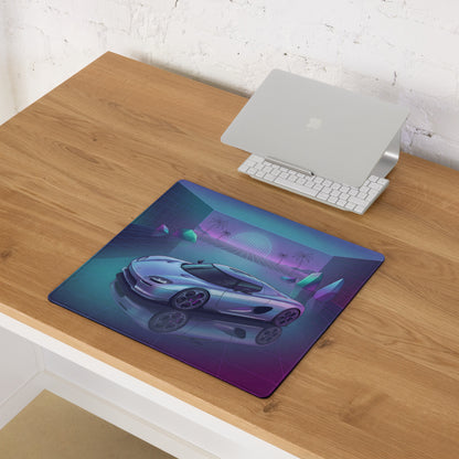 Koenigsegg CCX Inspired Silver Cyan Vaporwave Gaming Mouse Pad – Neon Reflective Grid Desk Mat, Retro Futuristic Hypercar Digital Artwork