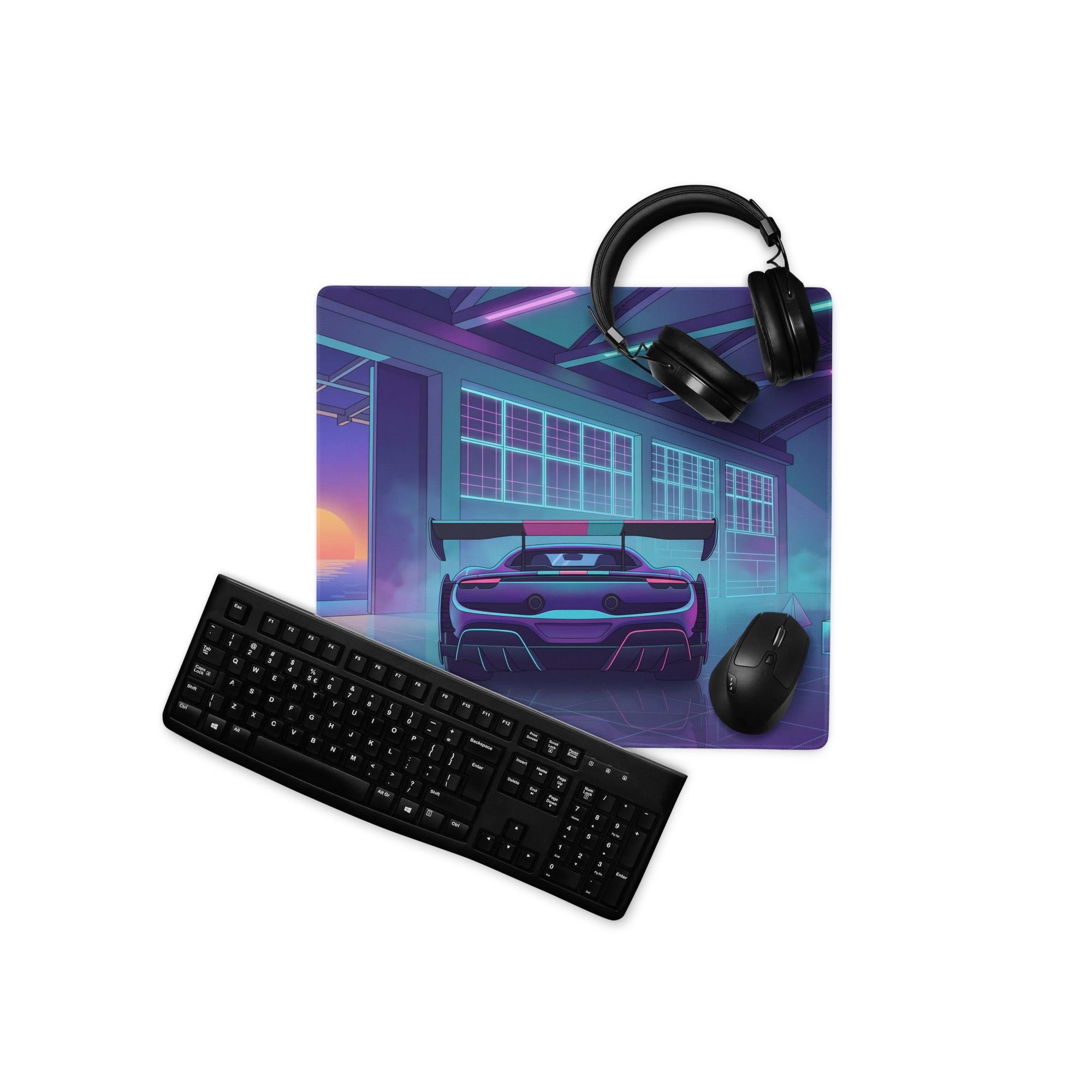 Ferrari SF90 XX Stradale Inspired Purple Cyan Vaporwave Gaming Mouse Pad – Neon Sunset Garage Desk Mat, Retro Futuristic Race Car Digital Artwork
