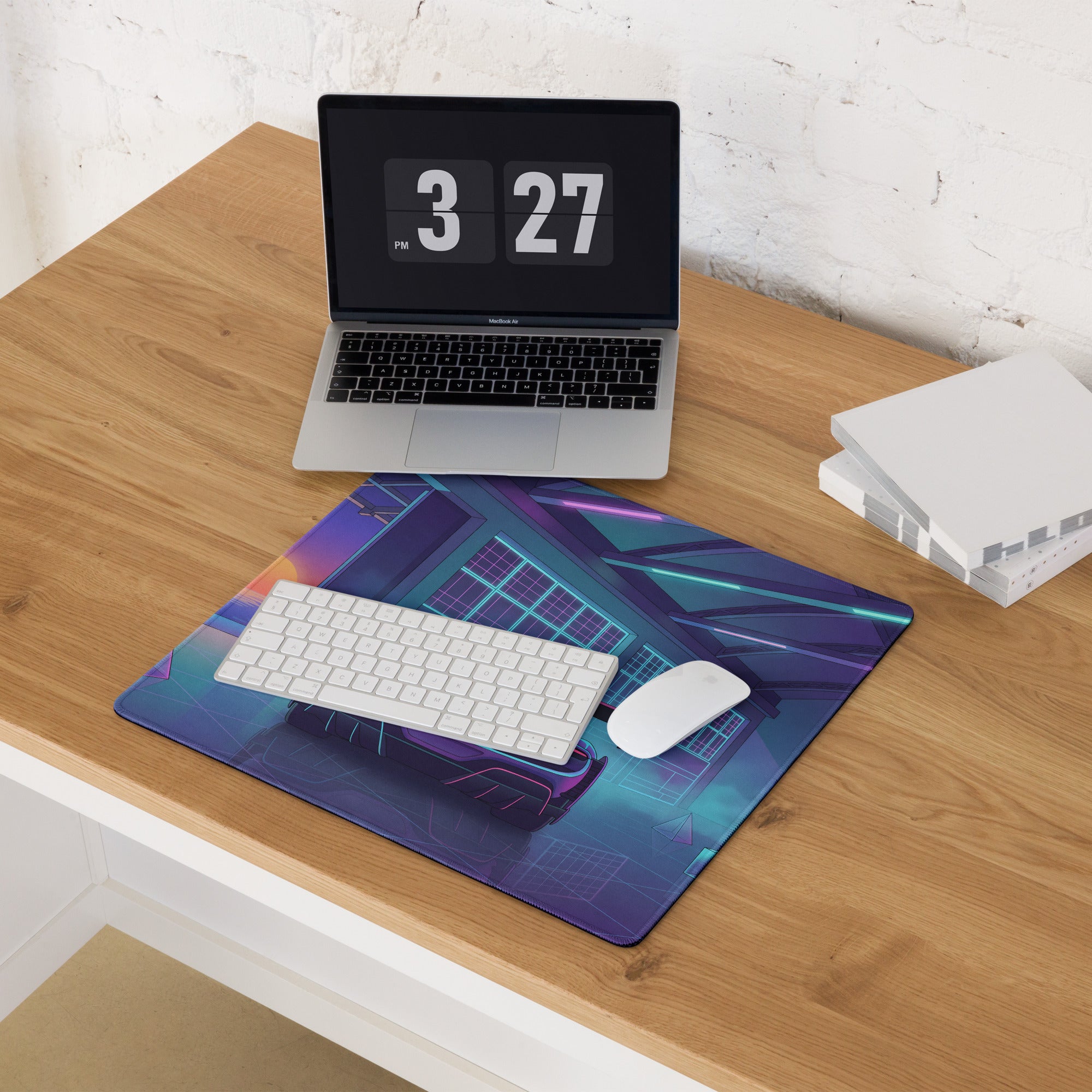 Ferrari SF90 XX Stradale Inspired Purple Cyan Vaporwave Gaming Mouse Pad – Neon Sunset Garage Desk Mat, Retro Futuristic Race Car Digital Artwork