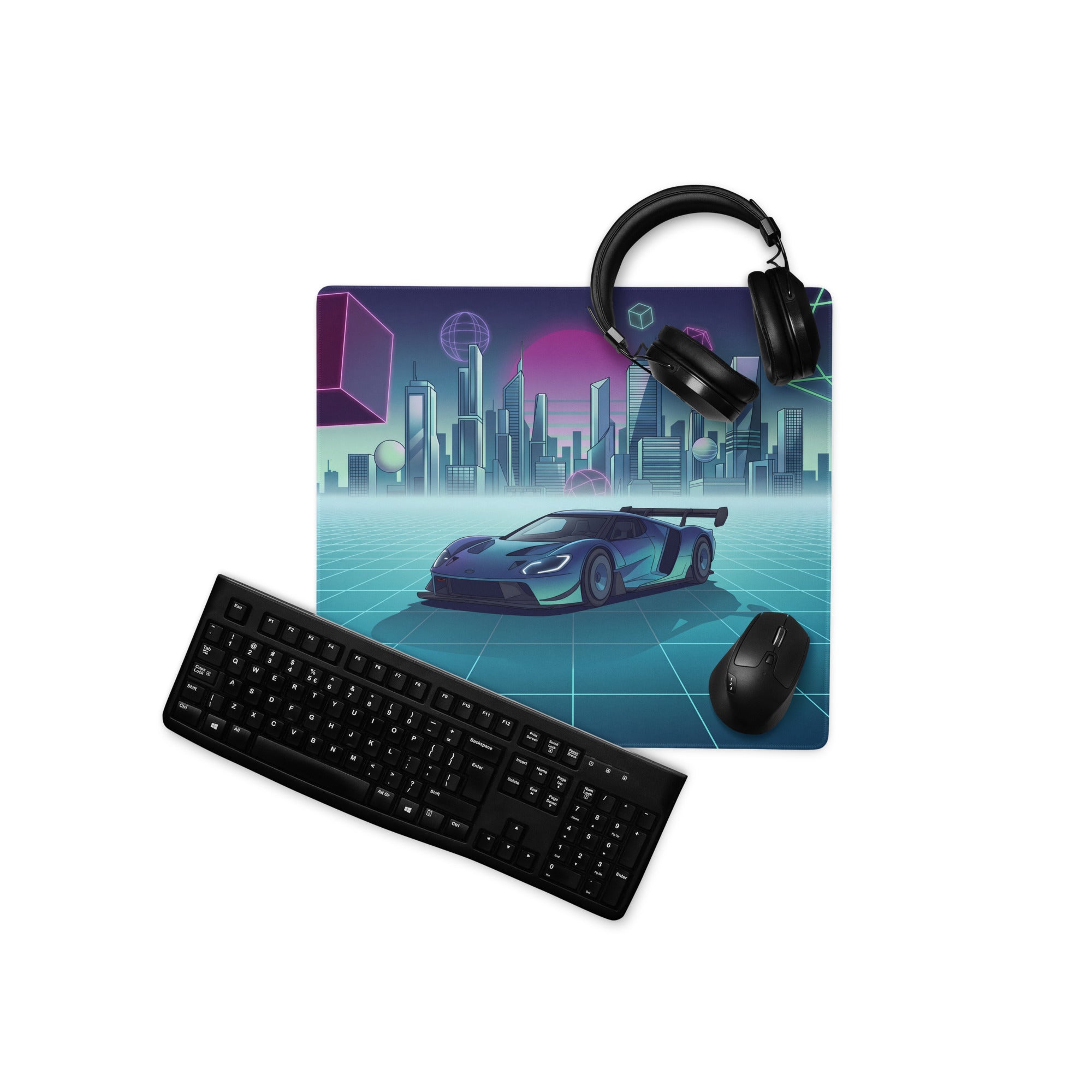Ford GT Mk IV Inspired Blue Cyan Vaporwave Gaming Mouse Pad – Neon Futuristic City Grid Desk Mat, Retro Synthwave Race Car Digital Artwork