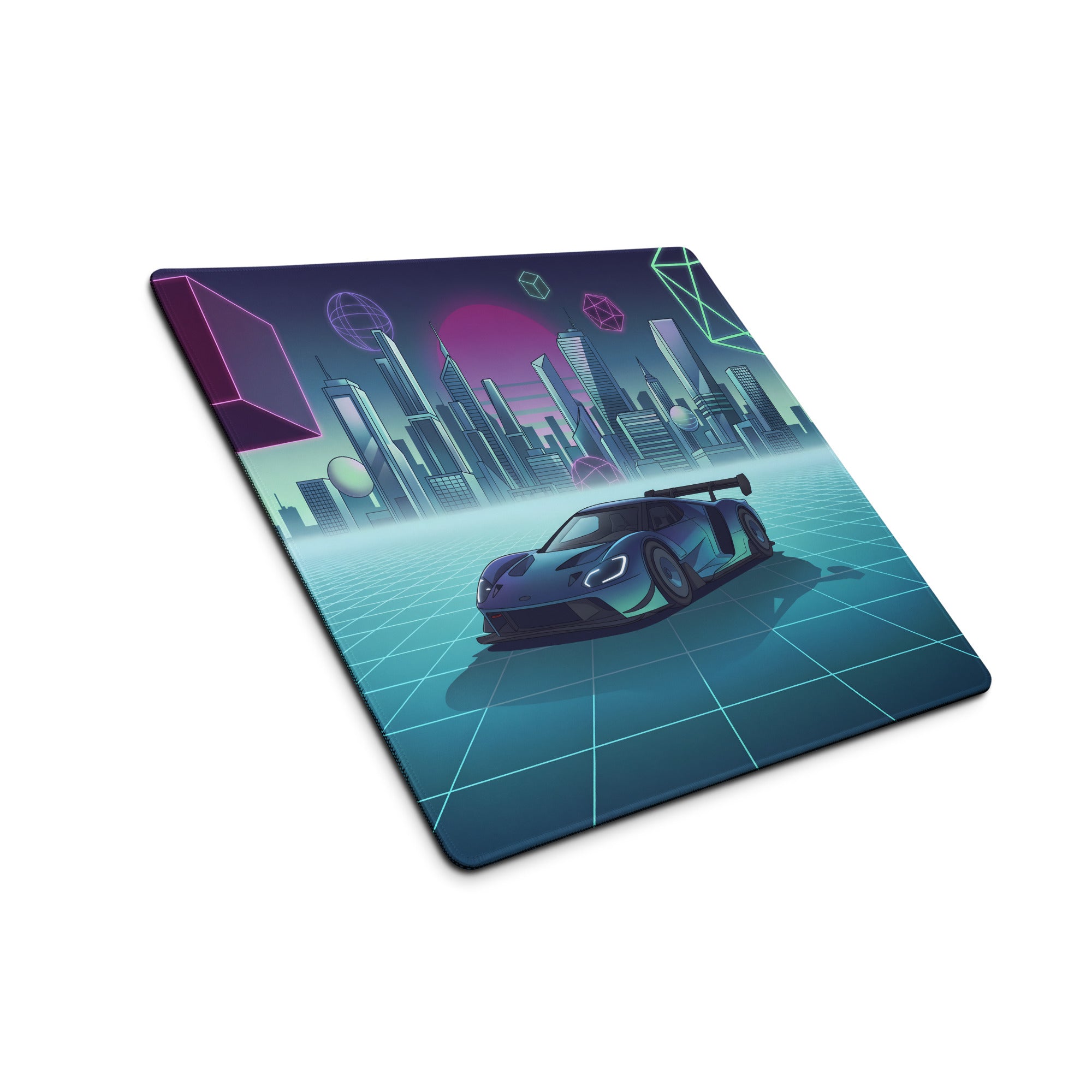 Ford GT Mk IV Inspired Blue Cyan Vaporwave Gaming Mouse Pad – Neon Futuristic City Grid Desk Mat, Retro Synthwave Race Car Digital Artwork