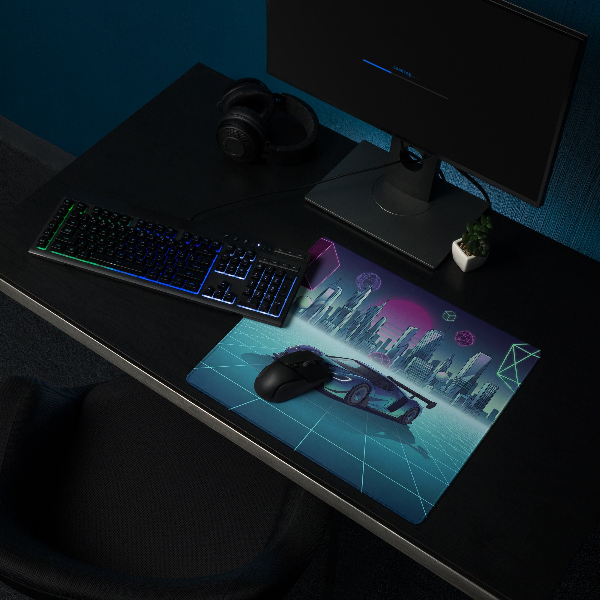 Ford GT Mk IV Inspired Blue Cyan Vaporwave Gaming Mouse Pad – Neon Futuristic City Grid Desk Mat, Retro Synthwave Race Car Digital Artwork