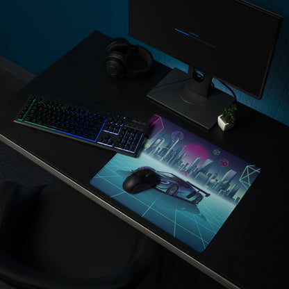Ford GT Mk IV Inspired Blue Cyan Vaporwave Gaming Mouse Pad – Neon Futuristic City Grid Desk Mat, Retro Synthwave Race Car Digital Artwork