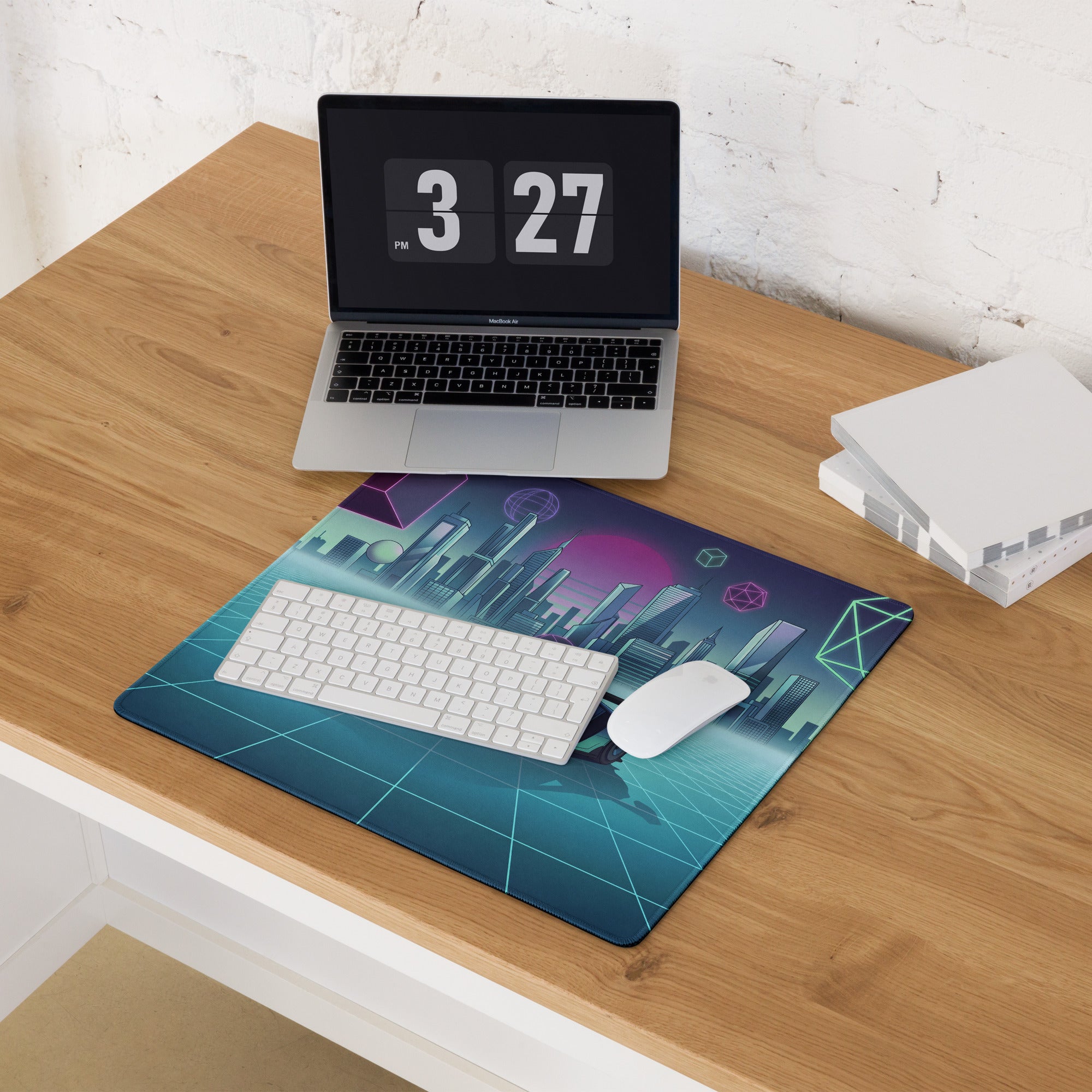 Ford GT Mk IV Inspired Blue Cyan Vaporwave Gaming Mouse Pad – Neon Futuristic City Grid Desk Mat, Retro Synthwave Race Car Digital Artwork