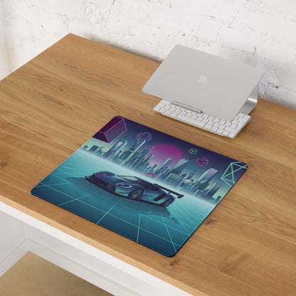 Ford GT Mk IV Inspired Blue Cyan Vaporwave Gaming Mouse Pad – Neon Futuristic City Grid Desk Mat, Retro Synthwave Race Car Digital Artwork