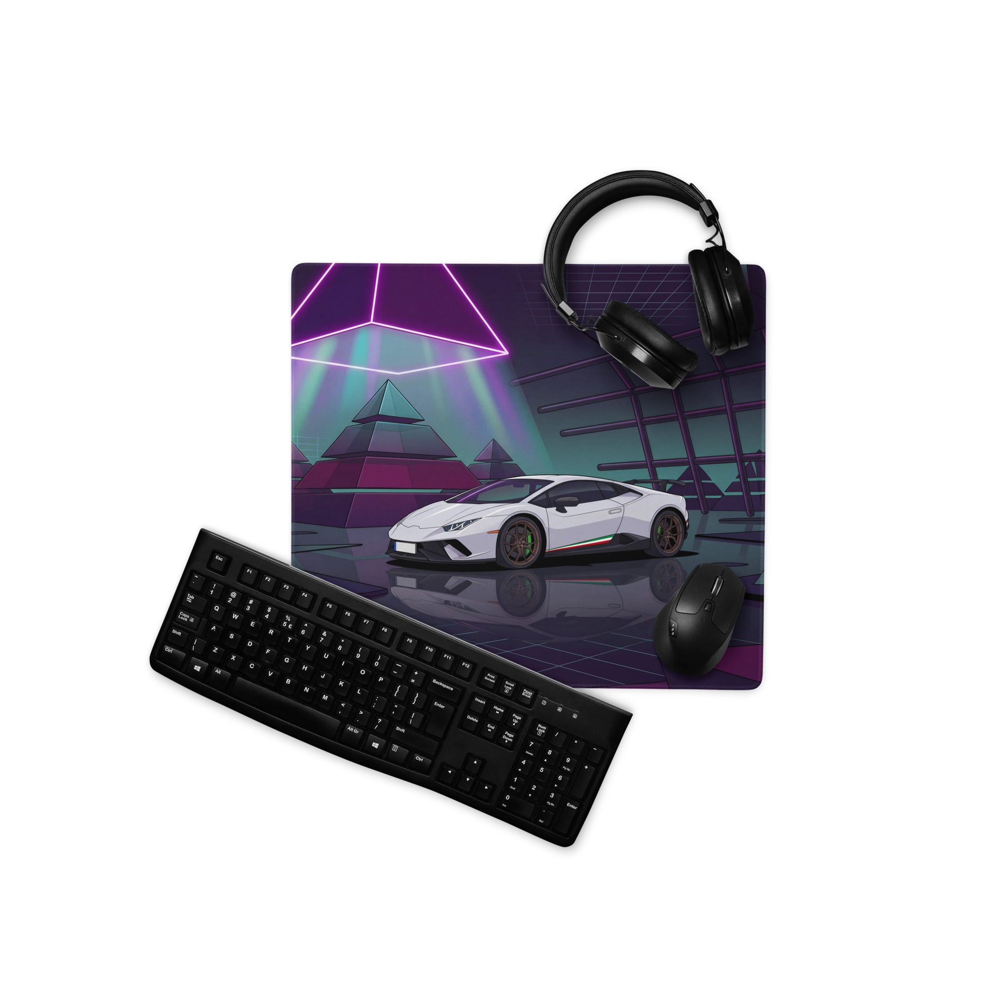 Lamborghini Huracán Performante Inspired White Purple Vaporwave Gaming Mouse Pad – Neon Pyramid Garage Desk Mat, Retro Futuristic Supercar Digital Art