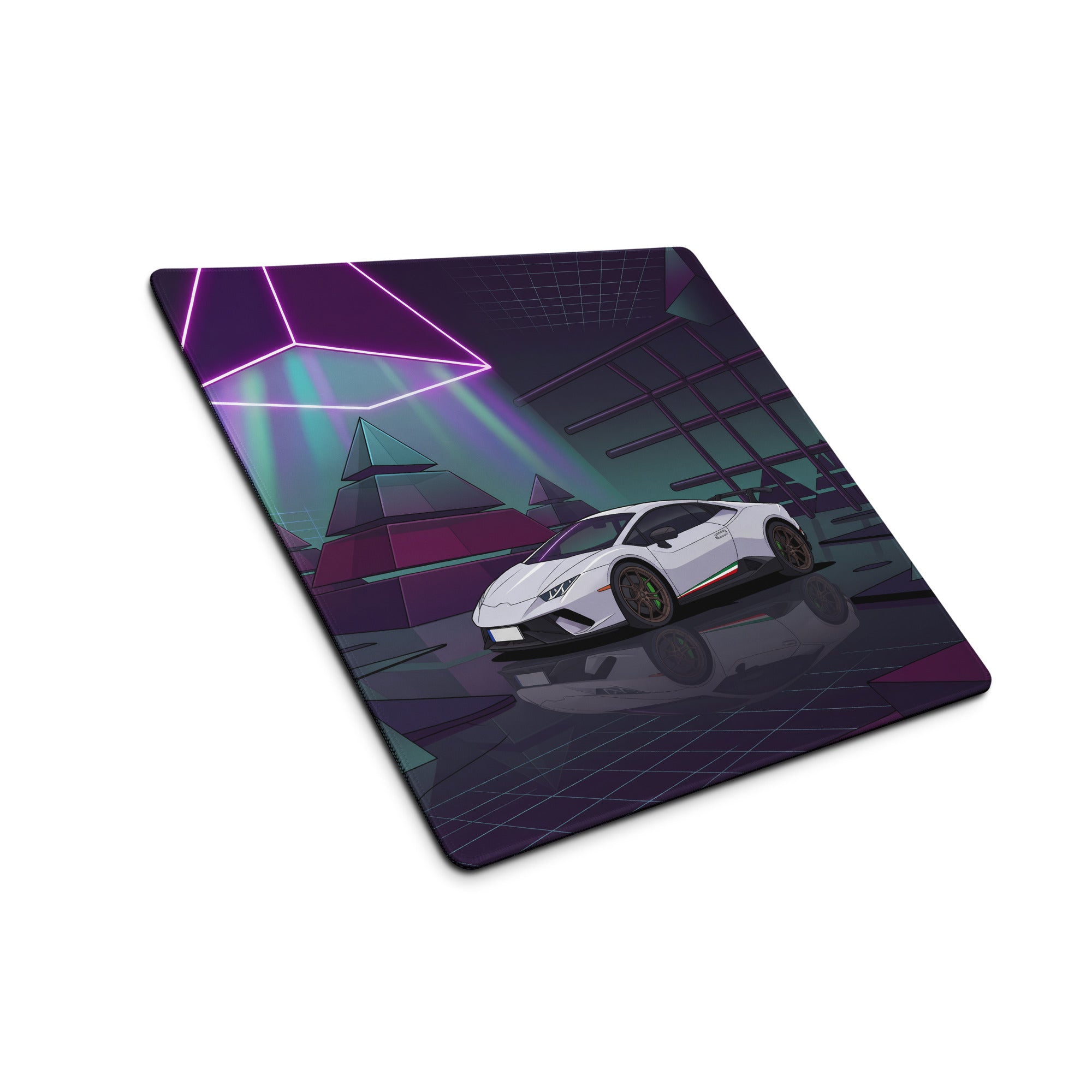 Lamborghini Huracán Performante Inspired White Purple Vaporwave Gaming Mouse Pad – Neon Pyramid Garage Desk Mat, Retro Futuristic Supercar Digital Art