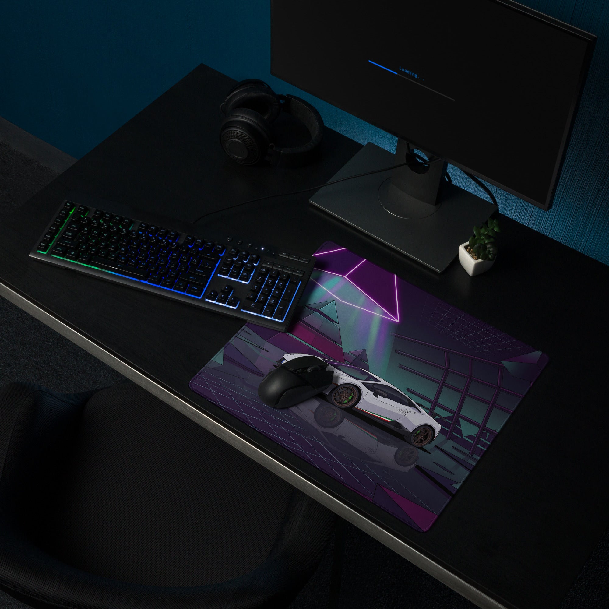Lamborghini Huracán Performante Inspired White Purple Vaporwave Gaming Mouse Pad – Neon Pyramid Garage Desk Mat, Retro Futuristic Supercar Digital Art