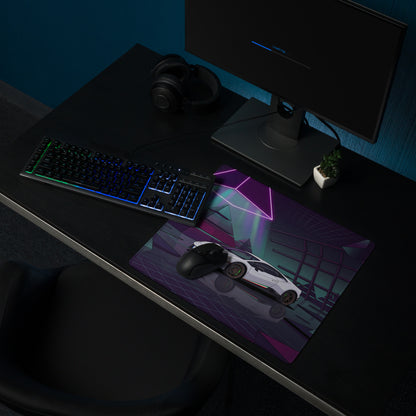Lamborghini Huracán Performante Inspired White Purple Vaporwave Gaming Mouse Pad – Neon Pyramid Garage Desk Mat, Retro Futuristic Supercar Digital Art