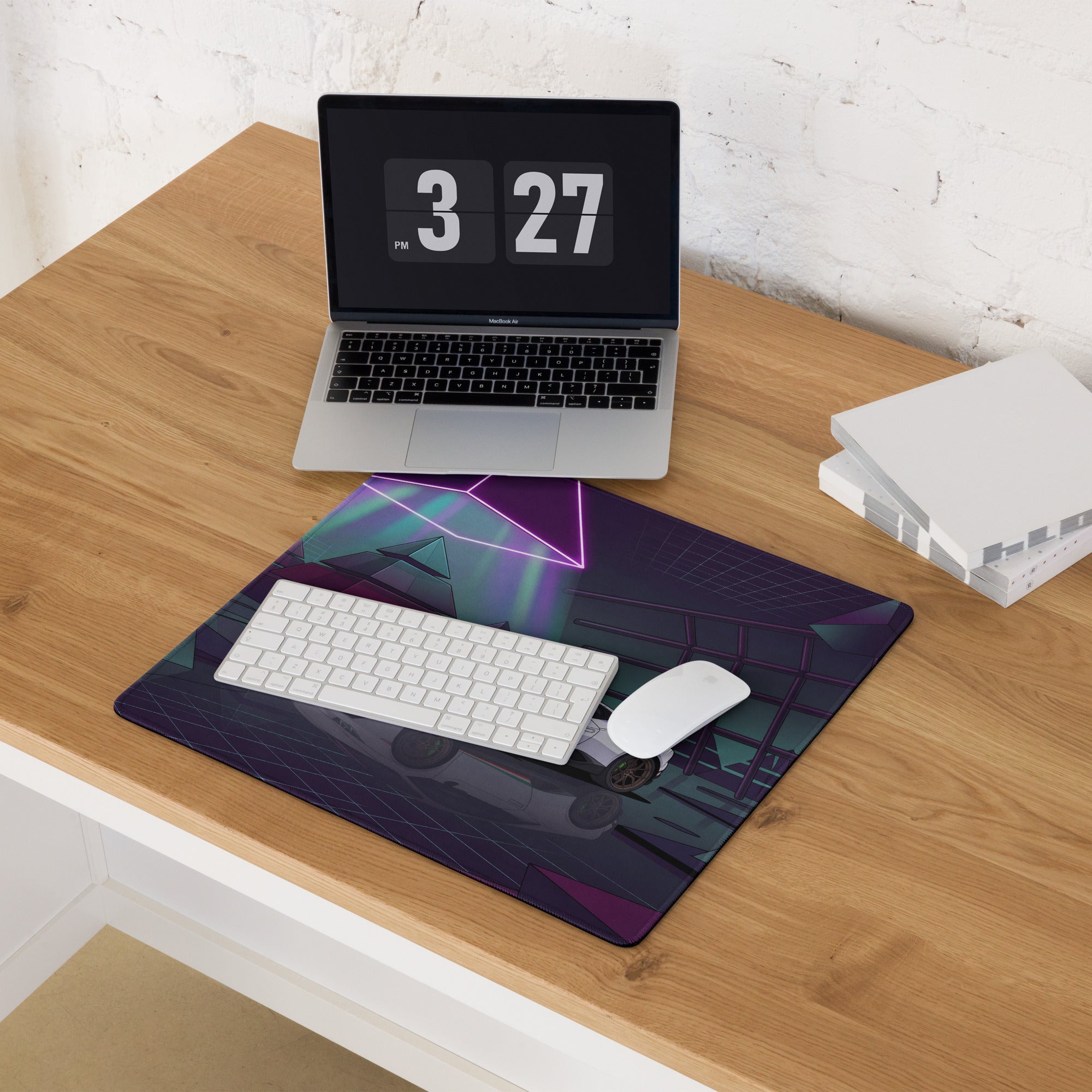 Lamborghini Huracán Performante Inspired White Purple Vaporwave Gaming Mouse Pad – Neon Pyramid Garage Desk Mat, Retro Futuristic Supercar Digital Art