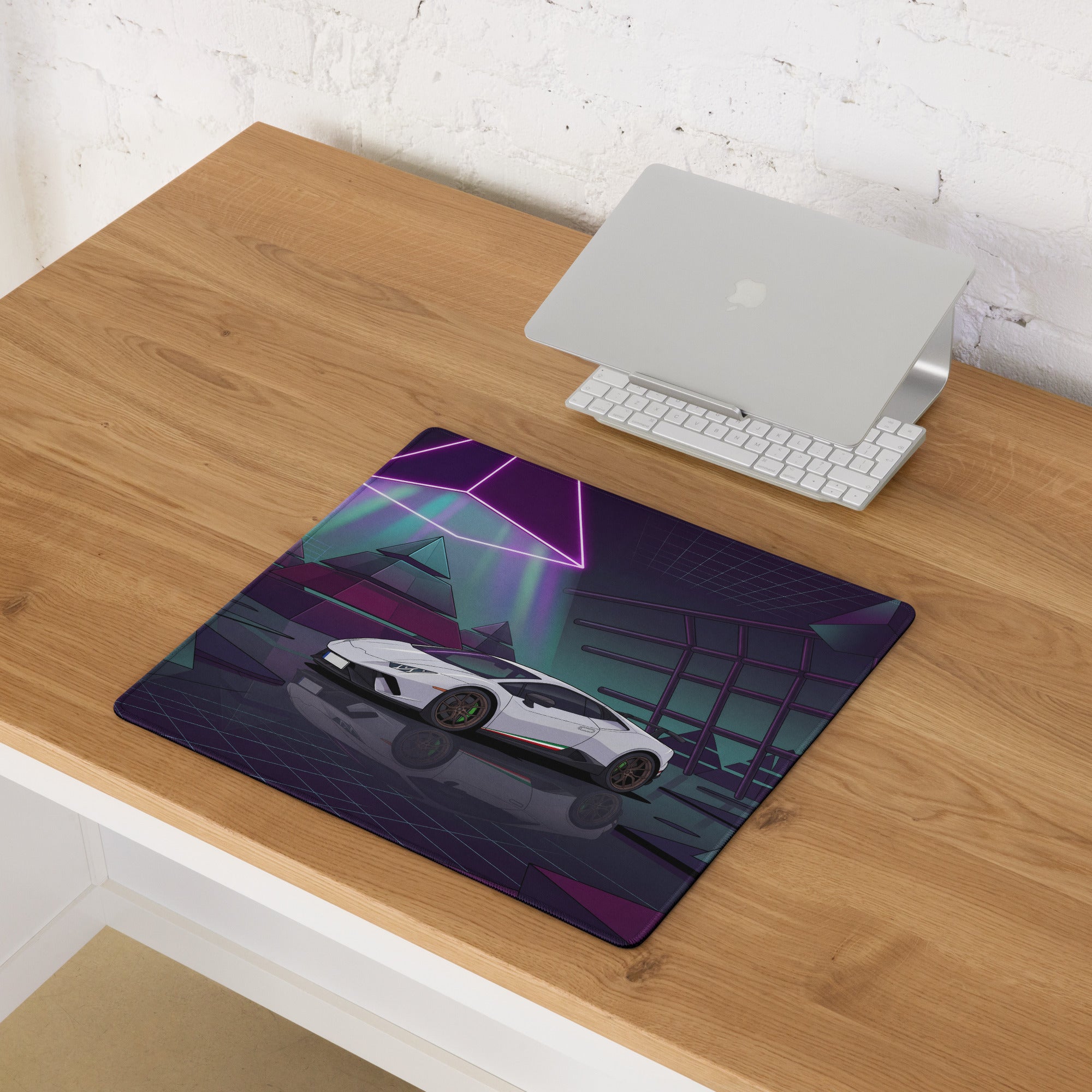 Lamborghini Huracán Performante Inspired White Purple Vaporwave Gaming Mouse Pad – Neon Pyramid Garage Desk Mat, Retro Futuristic Supercar Digital Art