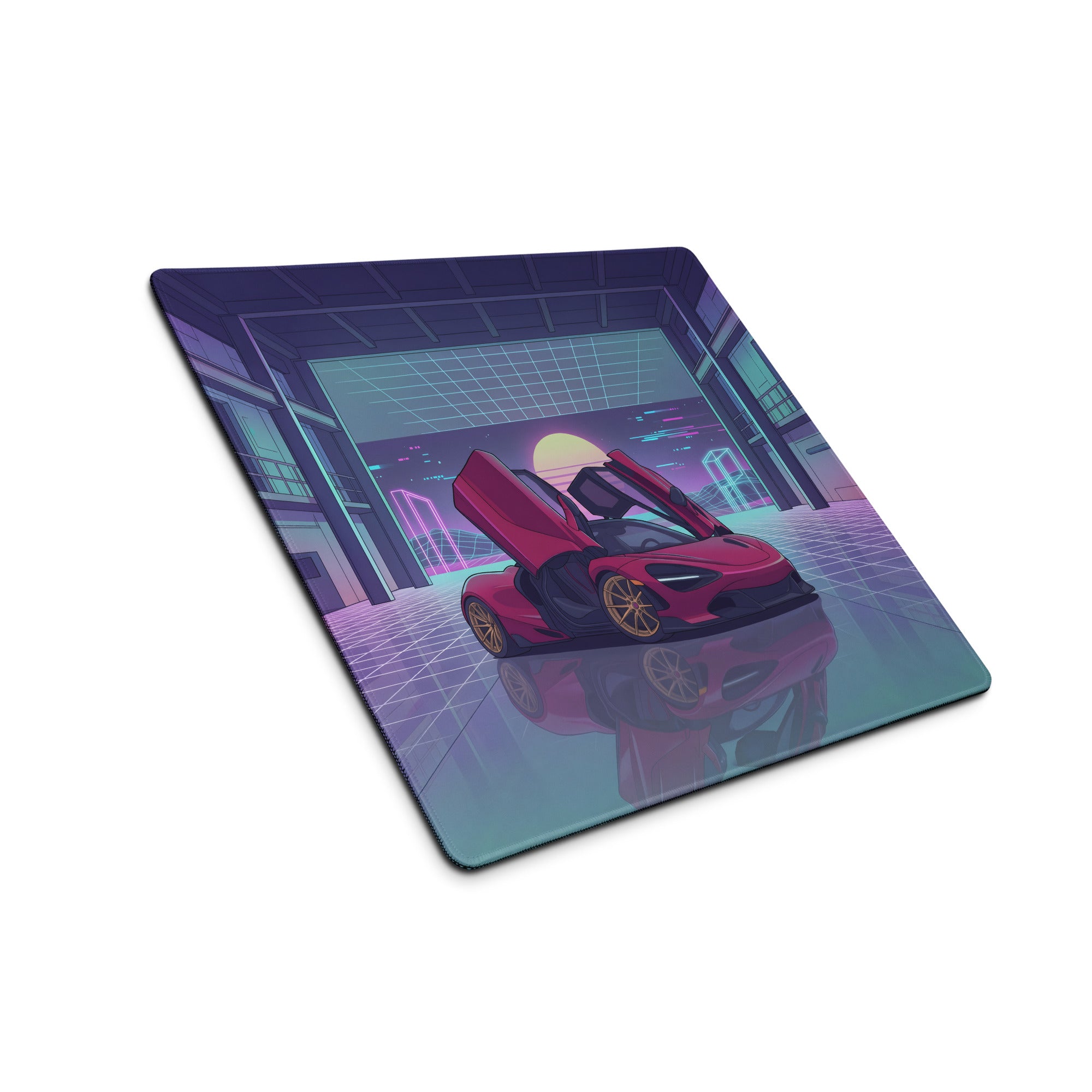 McLaren 720S Inspired Red Purple Vaporwave Gaming Mouse Pad – Neon Sunset Garage Desk Mat, Retro Futuristic Supercar Digital Artwork