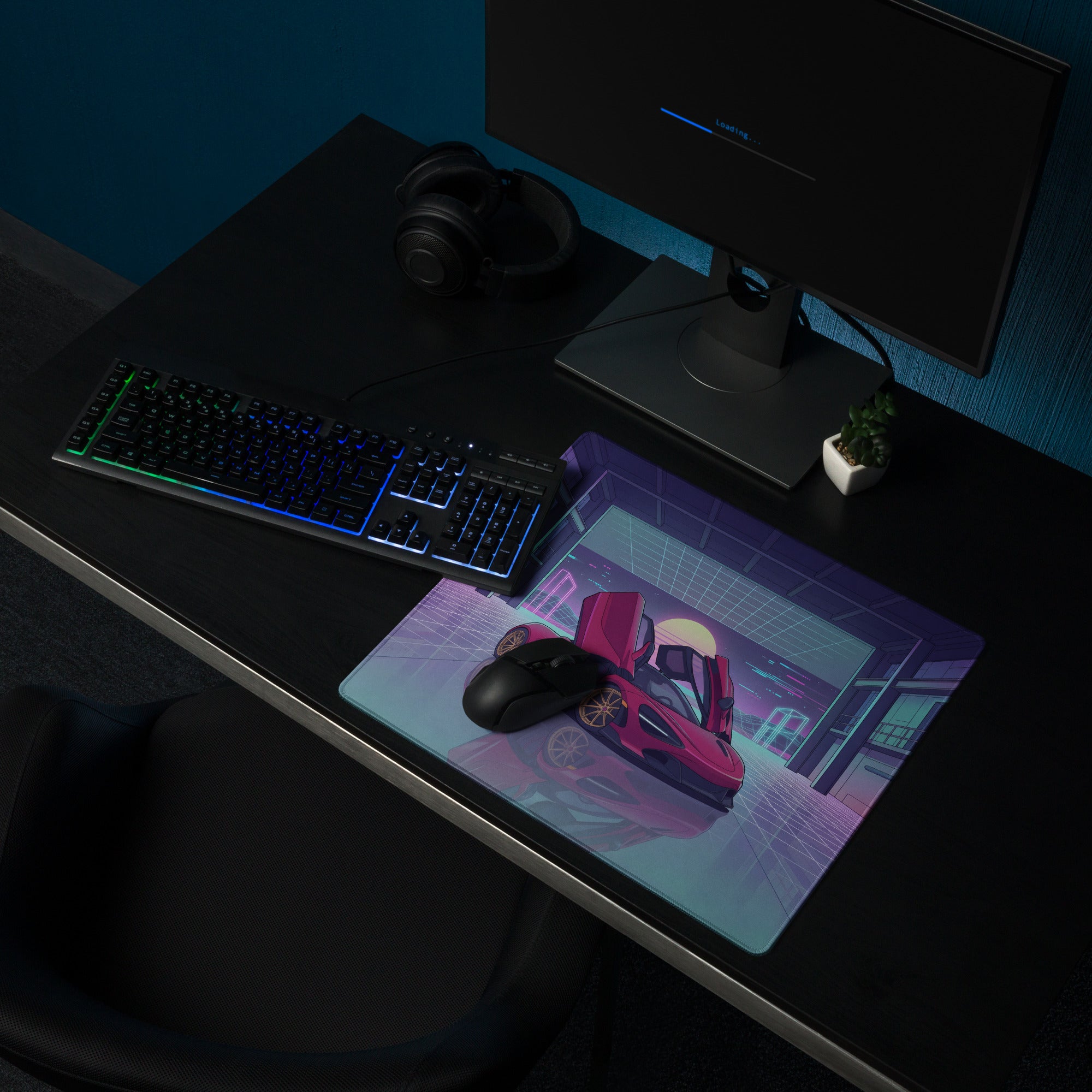 McLaren 720S Inspired Red Purple Vaporwave Gaming Mouse Pad – Neon Sunset Garage Desk Mat, Retro Futuristic Supercar Digital Artwork