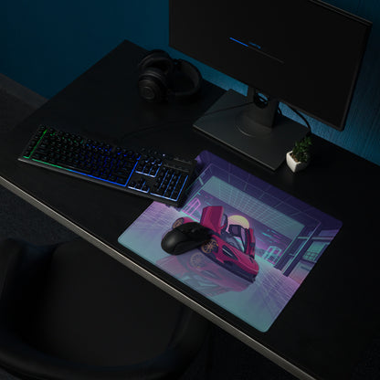 McLaren 720S Inspired Red Purple Vaporwave Gaming Mouse Pad – Neon Sunset Garage Desk Mat, Retro Futuristic Supercar Digital Artwork