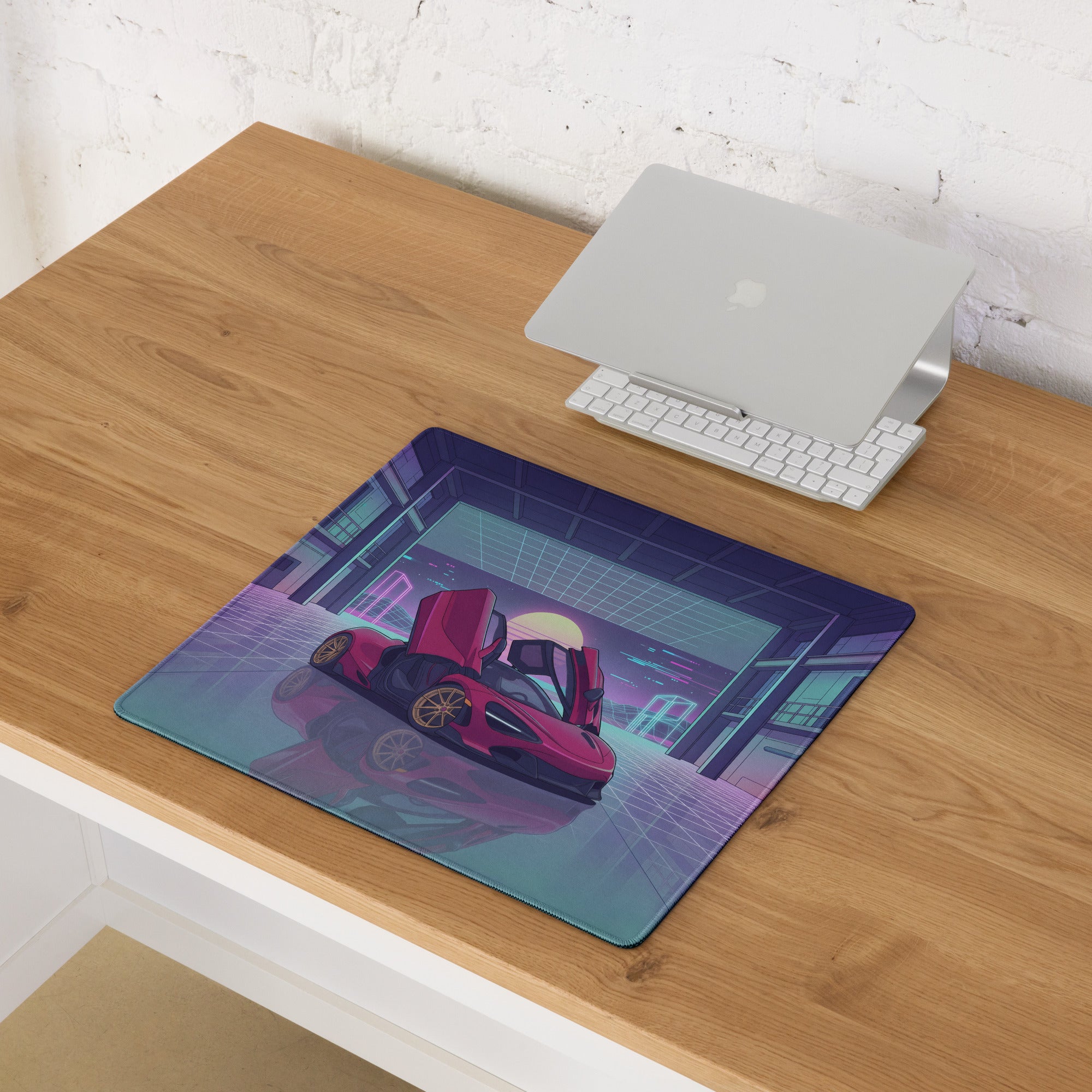 McLaren 720S Inspired Red Purple Vaporwave Gaming Mouse Pad – Neon Sunset Garage Desk Mat, Retro Futuristic Supercar Digital Artwork
