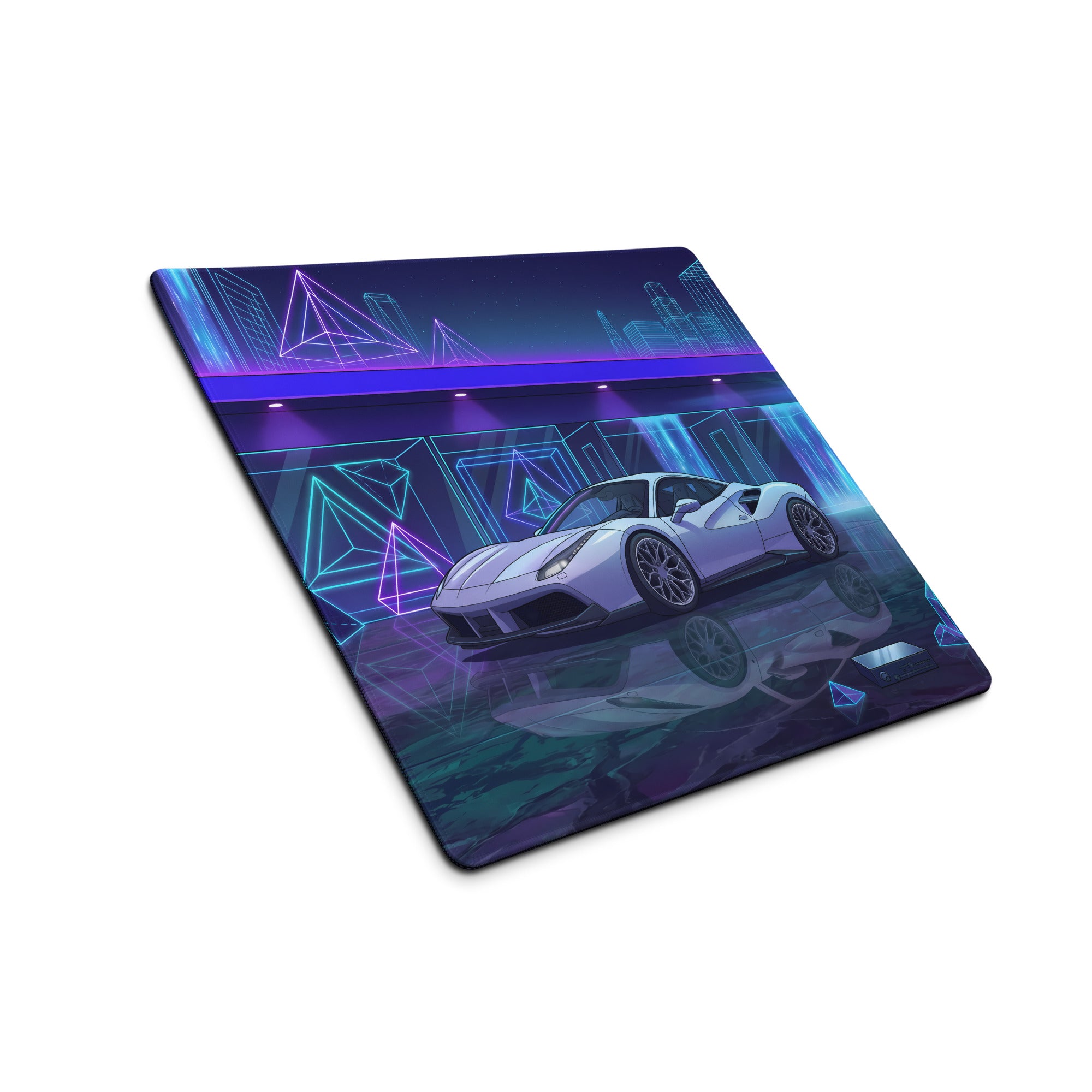 Ferrari 488 GTB Inspired White Blue Vaporwave Gaming Mouse Pad – Neon Futuristic Garage Desk Mat, Dreamy Cyber City Digital Supercar Art