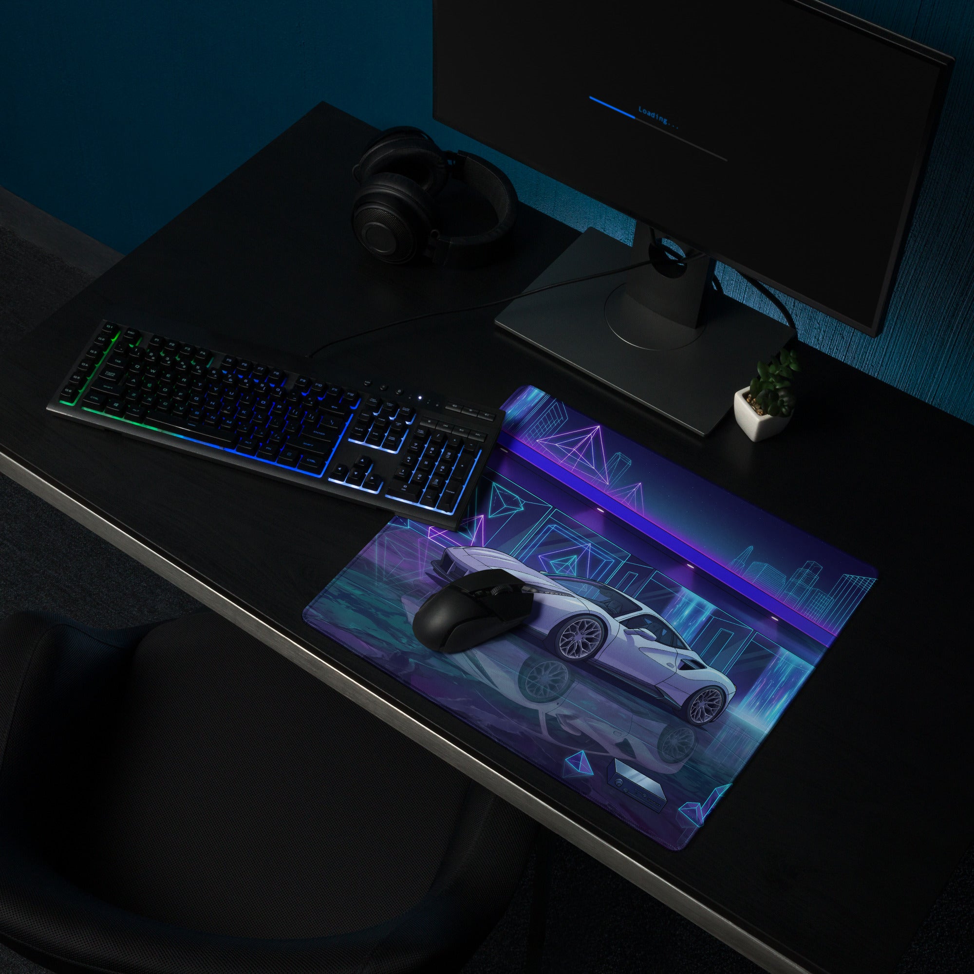 Ferrari 488 GTB Inspired White Blue Vaporwave Gaming Mouse Pad – Neon Futuristic Garage Desk Mat, Dreamy Cyber City Digital Supercar Art