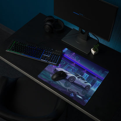 Ferrari 488 GTB Inspired White Blue Vaporwave Gaming Mouse Pad – Neon Futuristic Garage Desk Mat, Dreamy Cyber City Digital Supercar Art