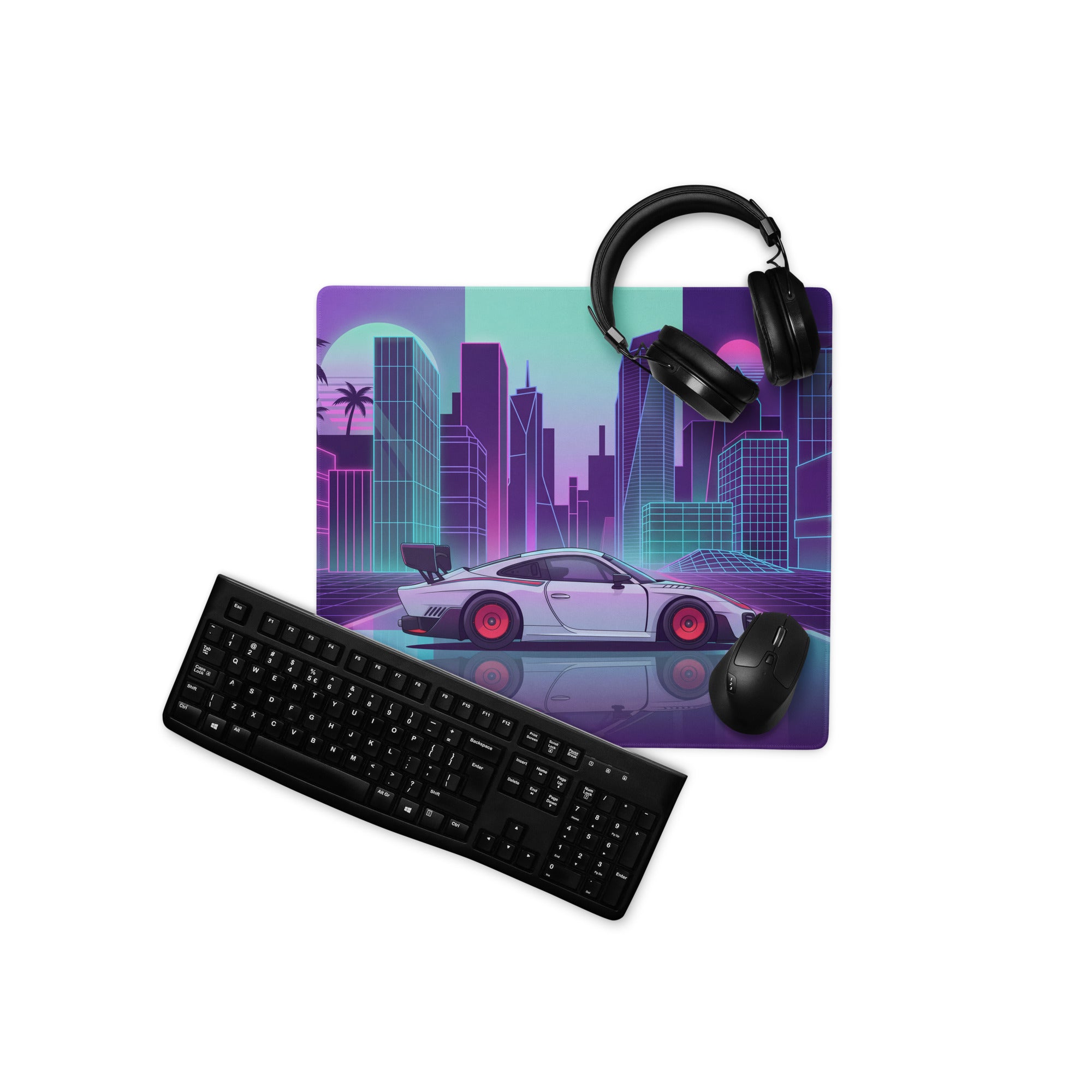 Porsche 935 Inspired White Pink Vaporwave Gaming Mouse Pad – Neon Retro City Desk Mat, Futuristic Synthwave Race Car Digital Artwork