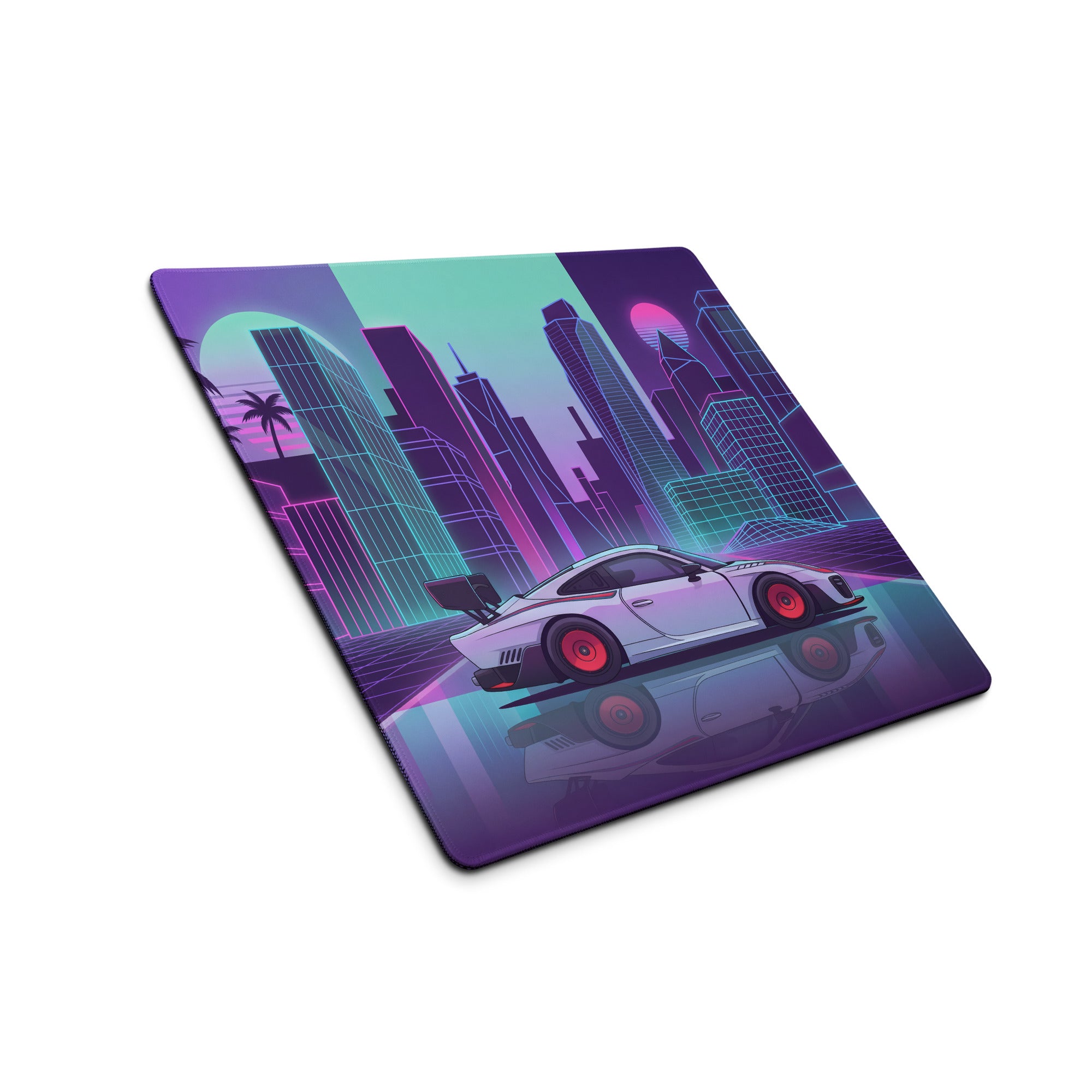 Porsche 935 Inspired White Pink Vaporwave Gaming Mouse Pad – Neon Retro City Desk Mat, Futuristic Synthwave Race Car Digital Artwork