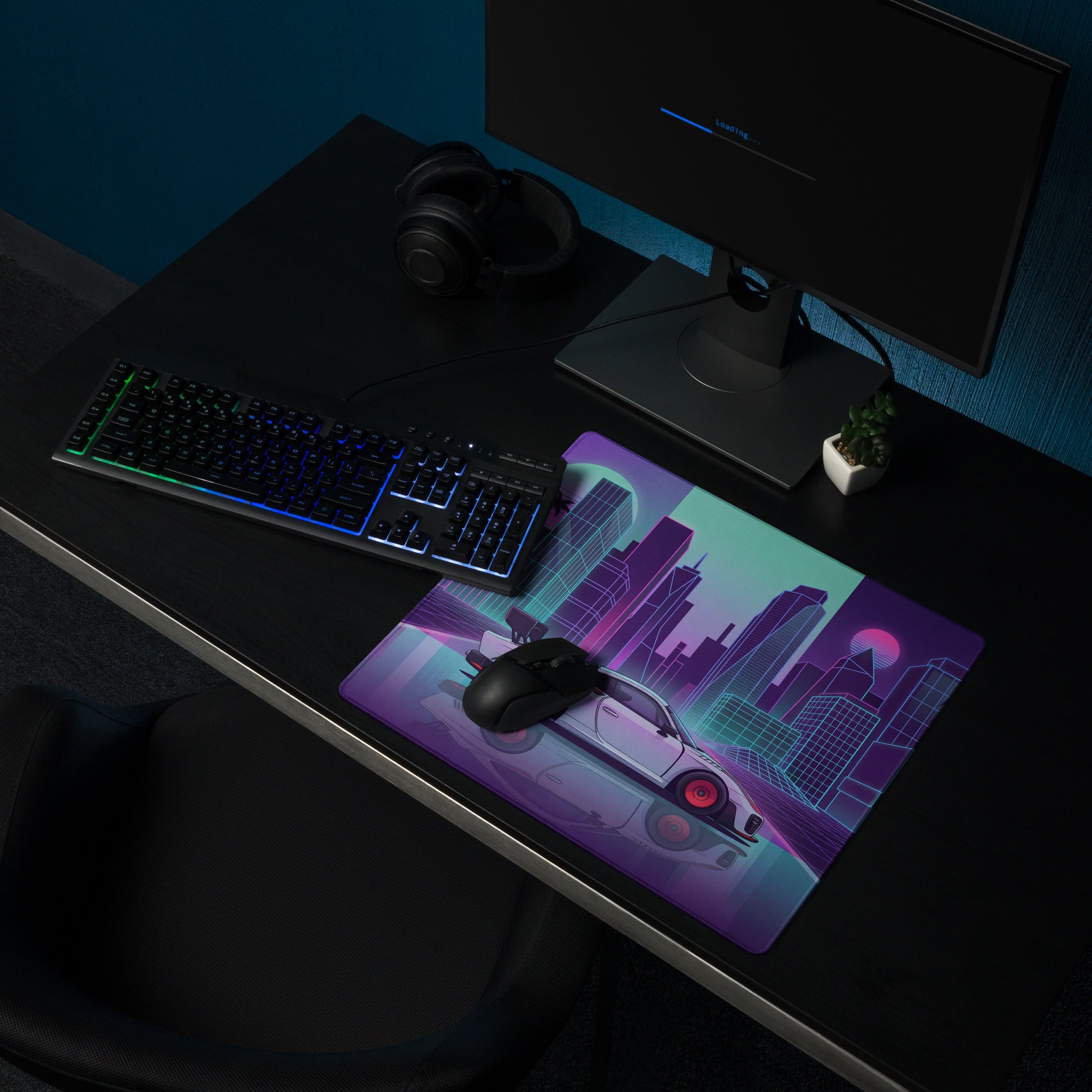 Porsche 935 Inspired White Pink Vaporwave Gaming Mouse Pad – Neon Retro City Desk Mat, Futuristic Synthwave Race Car Digital Artwork