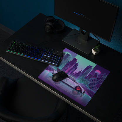 Porsche 935 Inspired White Pink Vaporwave Gaming Mouse Pad – Neon Retro City Desk Mat, Futuristic Synthwave Race Car Digital Artwork