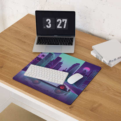 Porsche 935 Inspired White Pink Vaporwave Gaming Mouse Pad – Neon Retro City Desk Mat, Futuristic Synthwave Race Car Digital Artwork