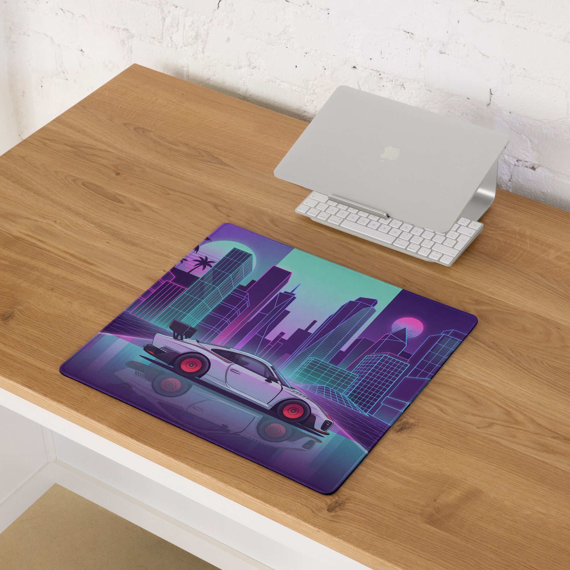 Porsche 935 Inspired White Pink Vaporwave Gaming Mouse Pad – Neon Retro City Desk Mat, Futuristic Synthwave Race Car Digital Artwork