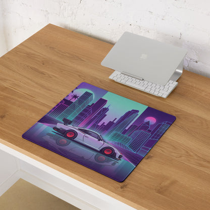 Porsche 935 Inspired White Pink Vaporwave Gaming Mouse Pad – Neon Retro City Desk Mat, Futuristic Synthwave Race Car Digital Artwork