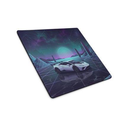Lamborghini Huracán STO Inspired White Cyan Vaporwave Gaming Mouse Pad – Neon Grid Landscape Desk Mat, Retro Futuristic Supercar Digital Art