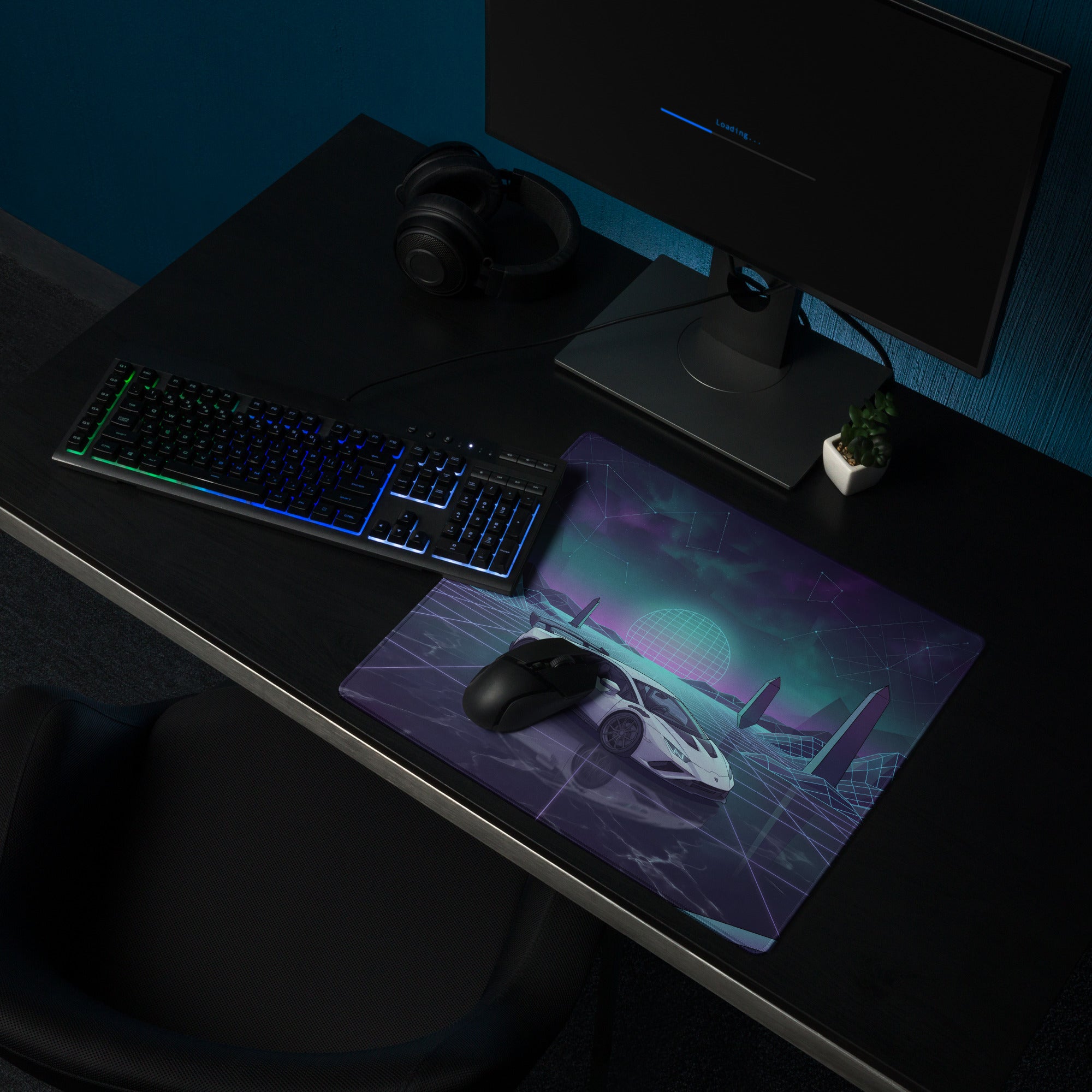Lamborghini Huracán STO Inspired White Cyan Vaporwave Gaming Mouse Pad – Neon Grid Landscape Desk Mat, Retro Futuristic Supercar Digital Art