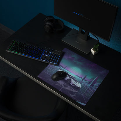 Lamborghini Huracán STO Inspired White Cyan Vaporwave Gaming Mouse Pad – Neon Grid Landscape Desk Mat, Retro Futuristic Supercar Digital Art