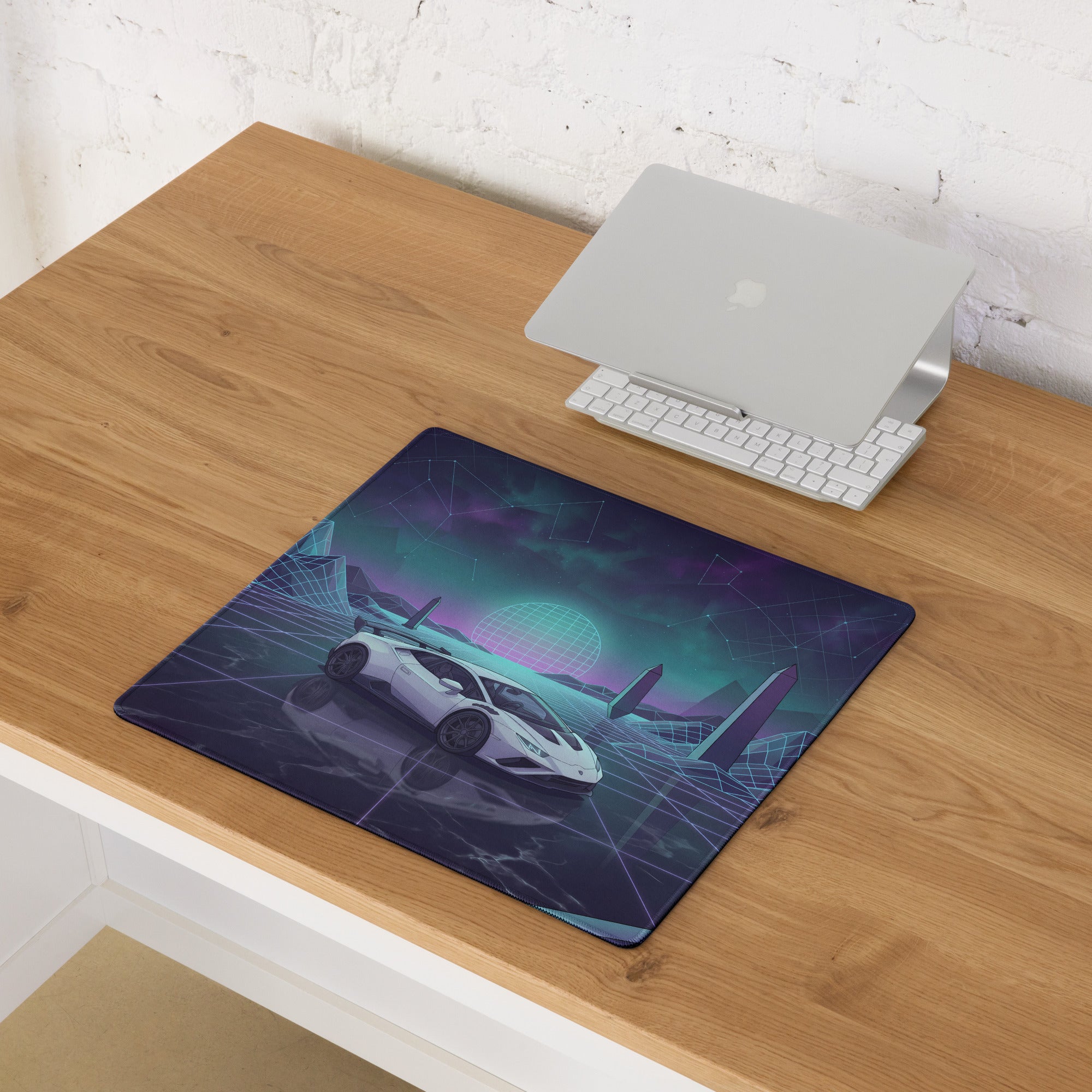 Lamborghini Huracán STO Inspired White Cyan Vaporwave Gaming Mouse Pad – Neon Grid Landscape Desk Mat, Retro Futuristic Supercar Digital Art