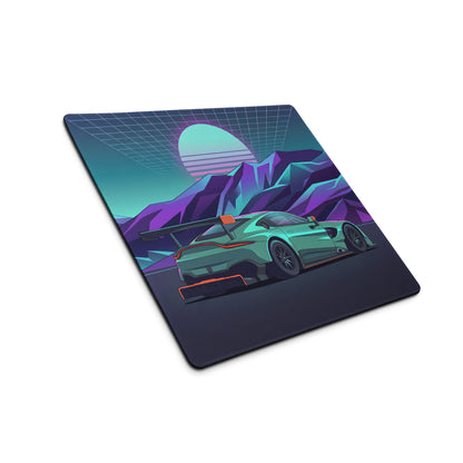 Aston Martin Vantage GT3 Inspired Teal Purple Vaporwave Gaming Mouse Pad – Neon Mountain Sunset Desk Mat, Retro Futuristic Race Car Digital Art