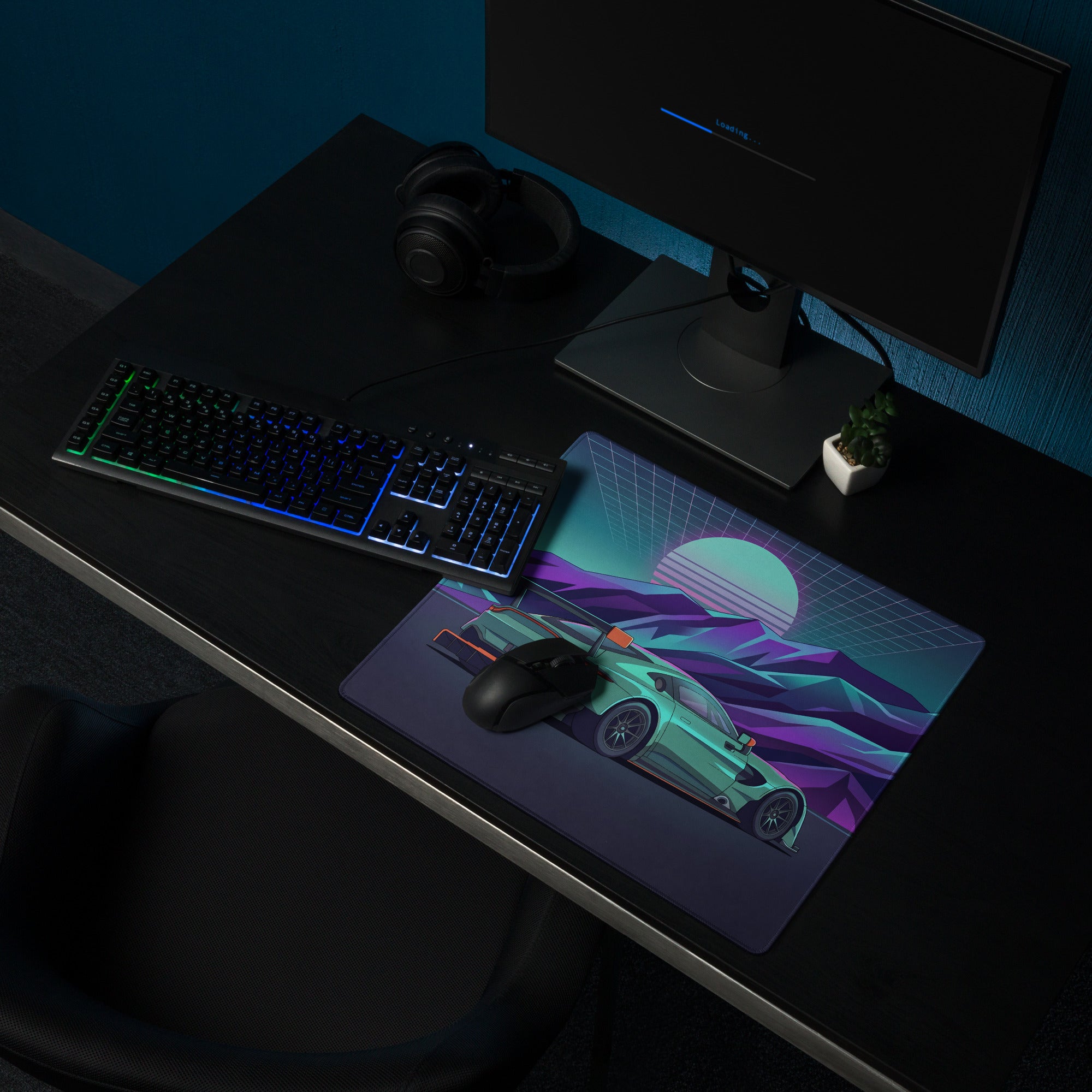 Aston Martin Vantage GT3 Inspired Teal Purple Vaporwave Gaming Mouse Pad – Neon Mountain Sunset Desk Mat, Retro Futuristic Race Car Digital Art