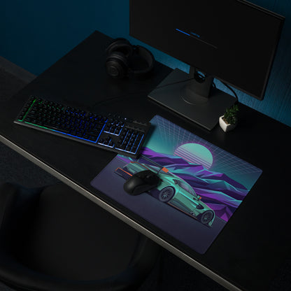 Aston Martin Vantage GT3 Inspired Teal Purple Vaporwave Gaming Mouse Pad – Neon Mountain Sunset Desk Mat, Retro Futuristic Race Car Digital Art