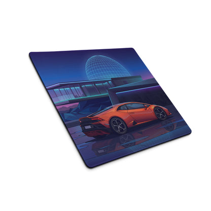 Lamborghini Huracán EVO Inspired Orange Blue Vaporwave Gaming Mouse Pad – Neon Modern Mansion Desk Mat, Futuristic Synthwave Supercar Digital Art